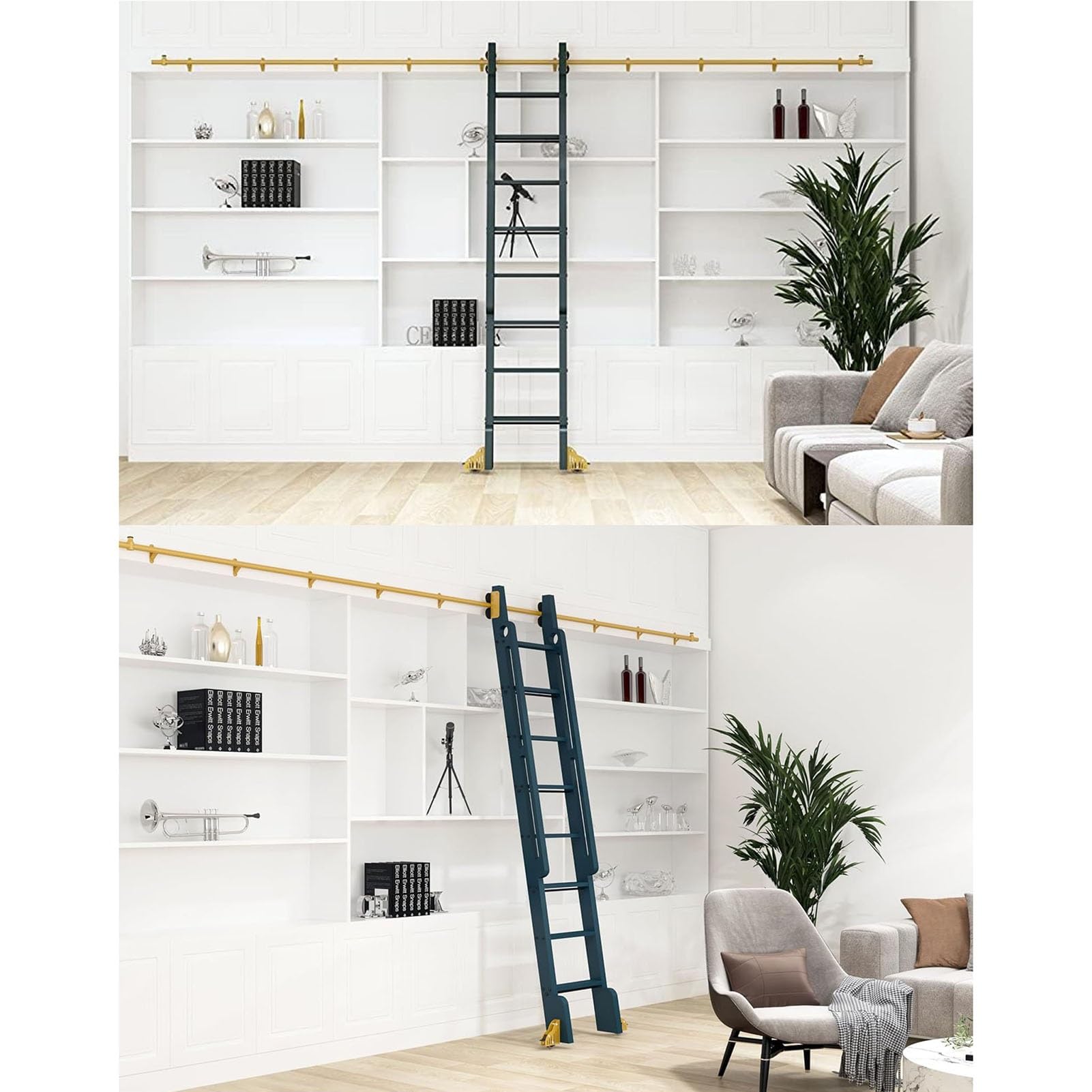 Golden Rolling Library Ladder Hardware Kit Round Tube Sliding Ladder Hardware Set with Brake for Home/Indoor/Loft 3.6 m Track Kit Floor Roller Included