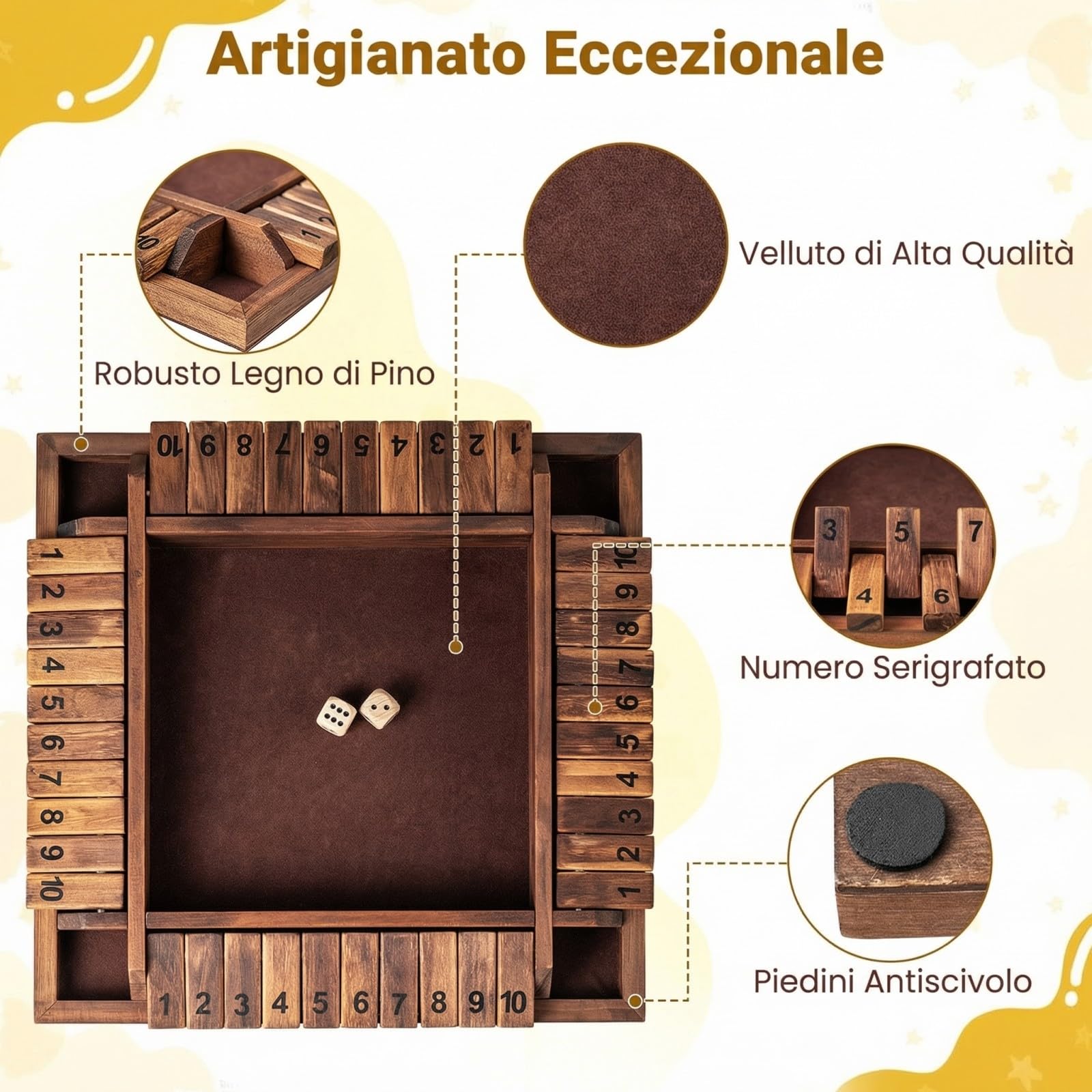 COSTWAY Gioco Chiudi la Scatola per 2-4 Giocatori, Gioco da Tavolo in Legno a 4 Lati con 2 Dadi, Giocattolo Matematico Educativo per Bambini e Adulti per Famiglia e Festa 30 x 30 x 3,8 cm (Marrone)