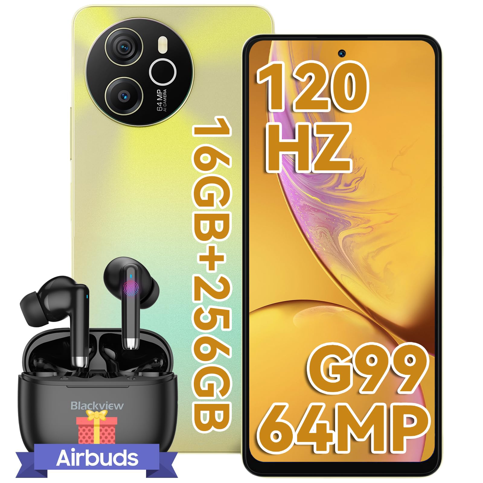 Blackview Smartphone, 16GB RAM+256GB ROM/2TB-TF, MediaTek Helio G99, 6.78'' FHD+/120Hz, 64MP+13MP, 5000mAh/33W, 4G Dual SIM Telefono, NFC/Face ID/Fingerprint/OTG/3 Slot/3.5mm Jack