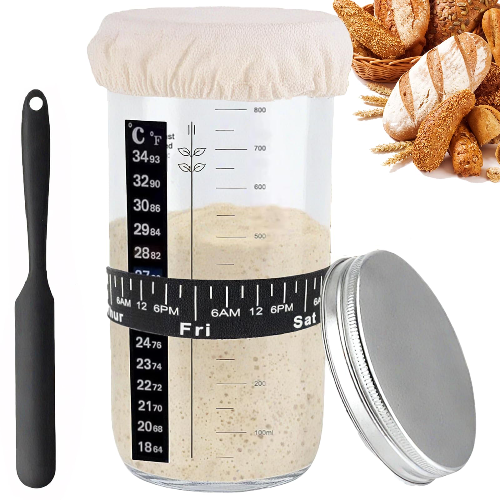 Tel Charme * Sauerteig Starter Jar Kit 1000ml Gärglas mit Spatel, Sauerteig Glas, Sauerteig Starterglas, Sourdough Starter Set, Anstellgut Glas Behälter, Reusable Brot Backen Zubehör