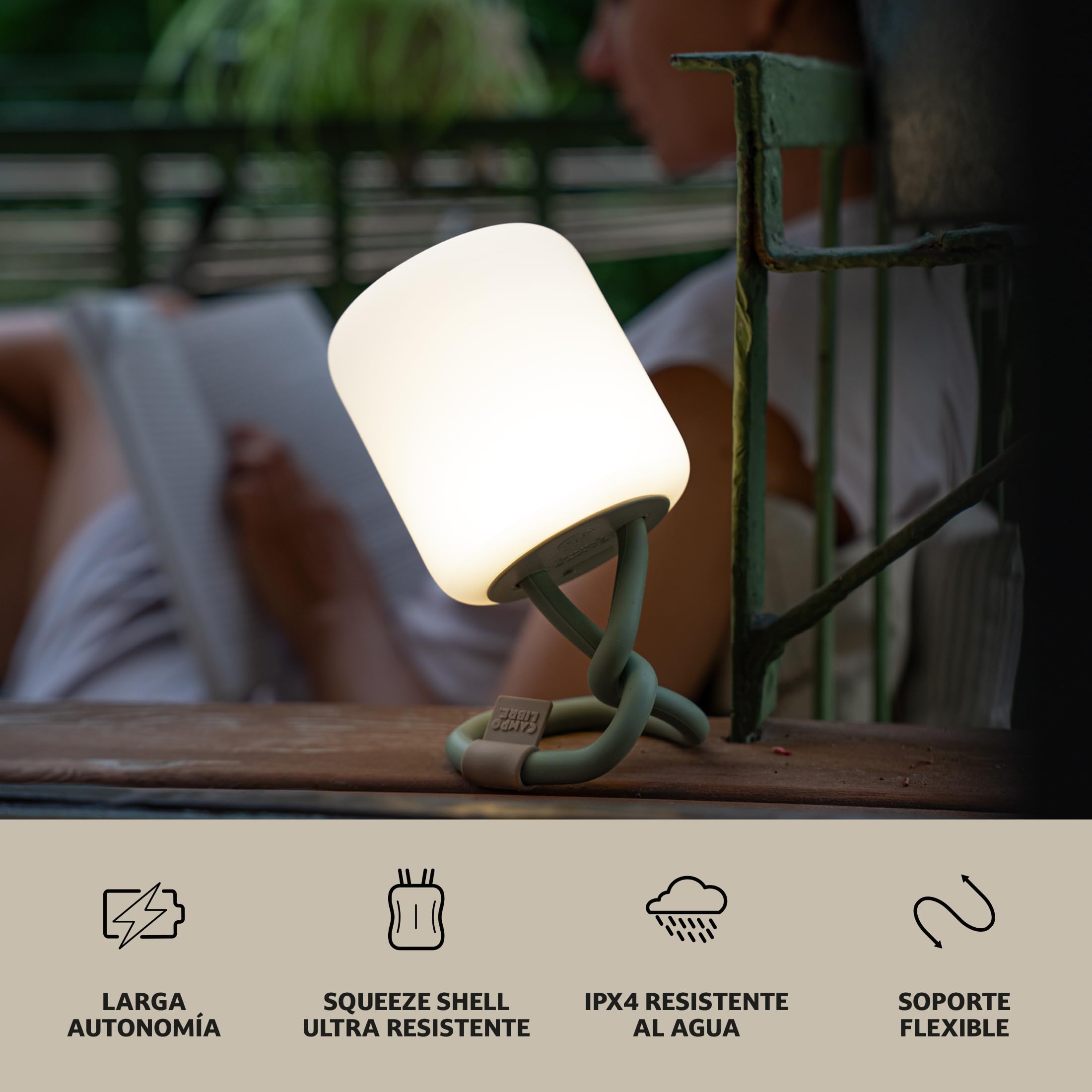 Campo Libre.® LENI Lampara Recargable – Luz Exterior con Asa Flexible, Luz Camping Regulable, Linterna de Mesa IPX4, 200 h de Autonomía, SqueezeShell irrompible, Carga USB-C, Rectángulo, Azul