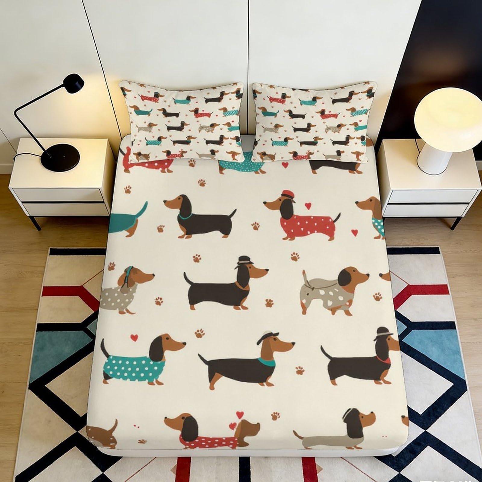 3D Printed Dachshund Pattern Fitted Sheet Microfiber Soft Stylish Dog Bed Cover for Bedroom Guest Room Decor 90x200x25cm
