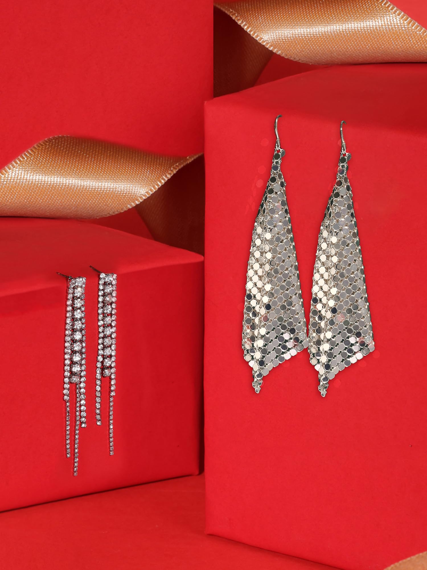 Austrian Diamonds & Metallic Mesh Grid Sequins Drop Earrings