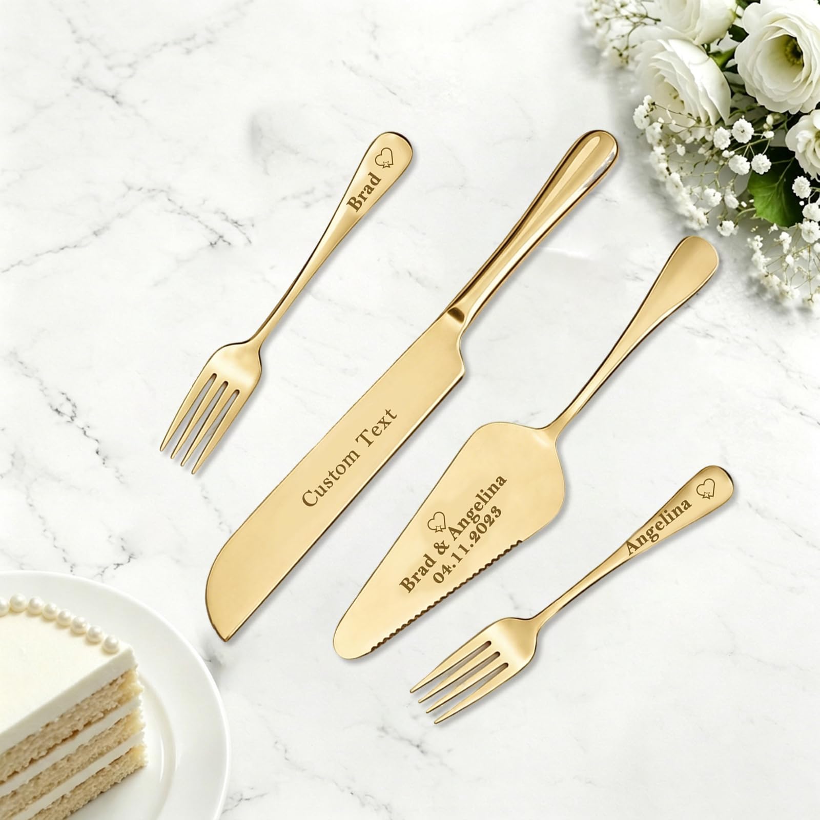 Personalised Wedding Cake Server Set – Custom Engraved Names & Date – Elegant Keepsake Weddings Anniversaries & Special Occasions (Gold 01)