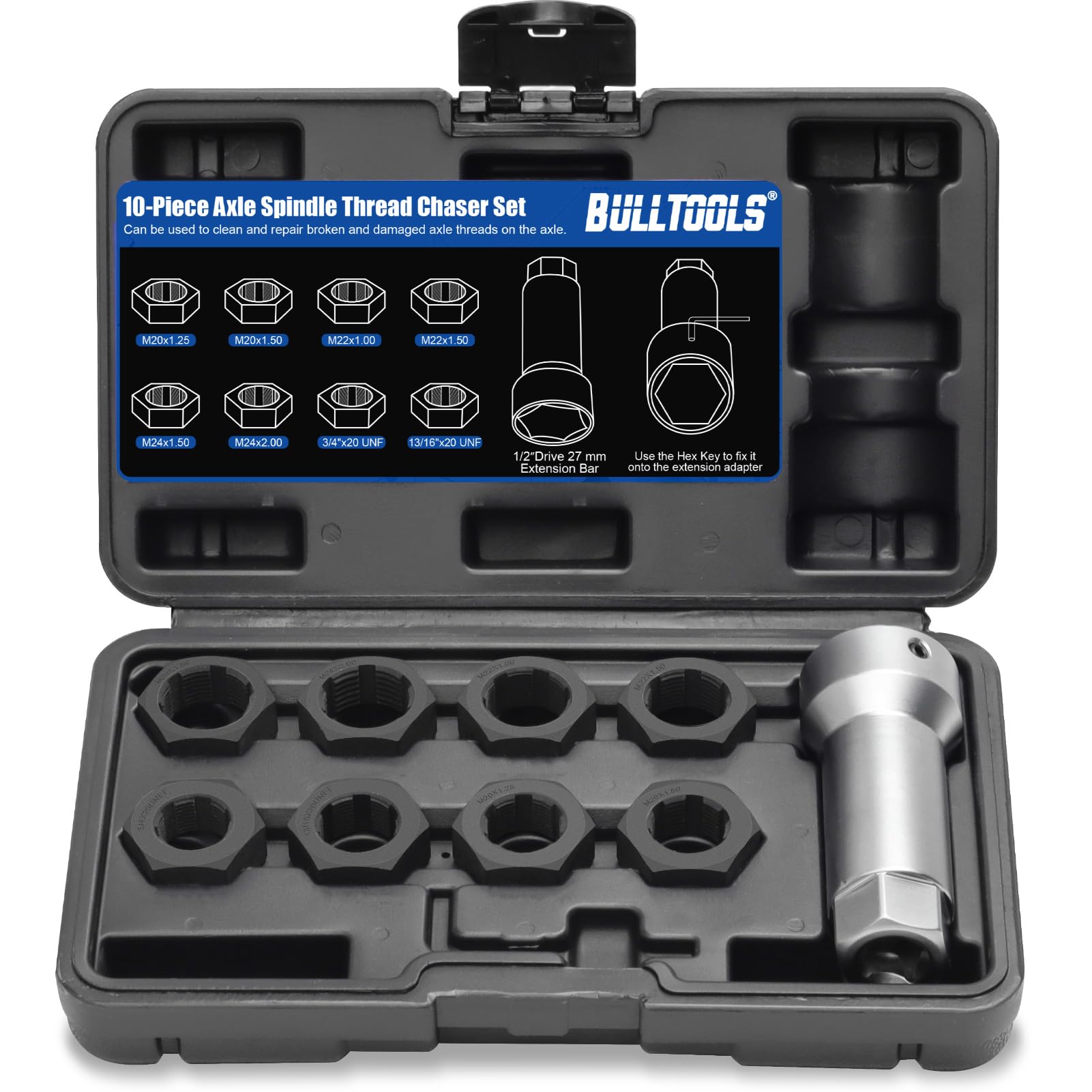 Axle Spindle Threading Set, 10-Piece Axle Thread Repair Kit with M20 M22 M24 & 13/16" 3/4" UNEF Nuts Axle Nut Rethreader, Thread Rethreading Restorer Tool Kit with Case