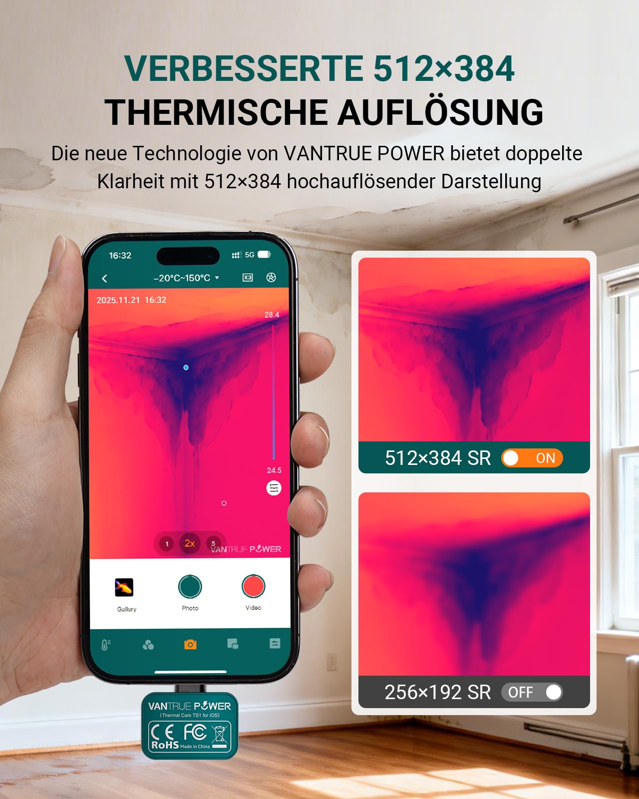 TS1 Wärmebildkamera Thermal für iOS iPhone iPad, Infrarotkamera Wärmebildkameras mit 512×384 Superauflösung Infrarot Kamera mit USB-C, -20°C bis 550°C, Haus-Inspektion 15x Zoom
