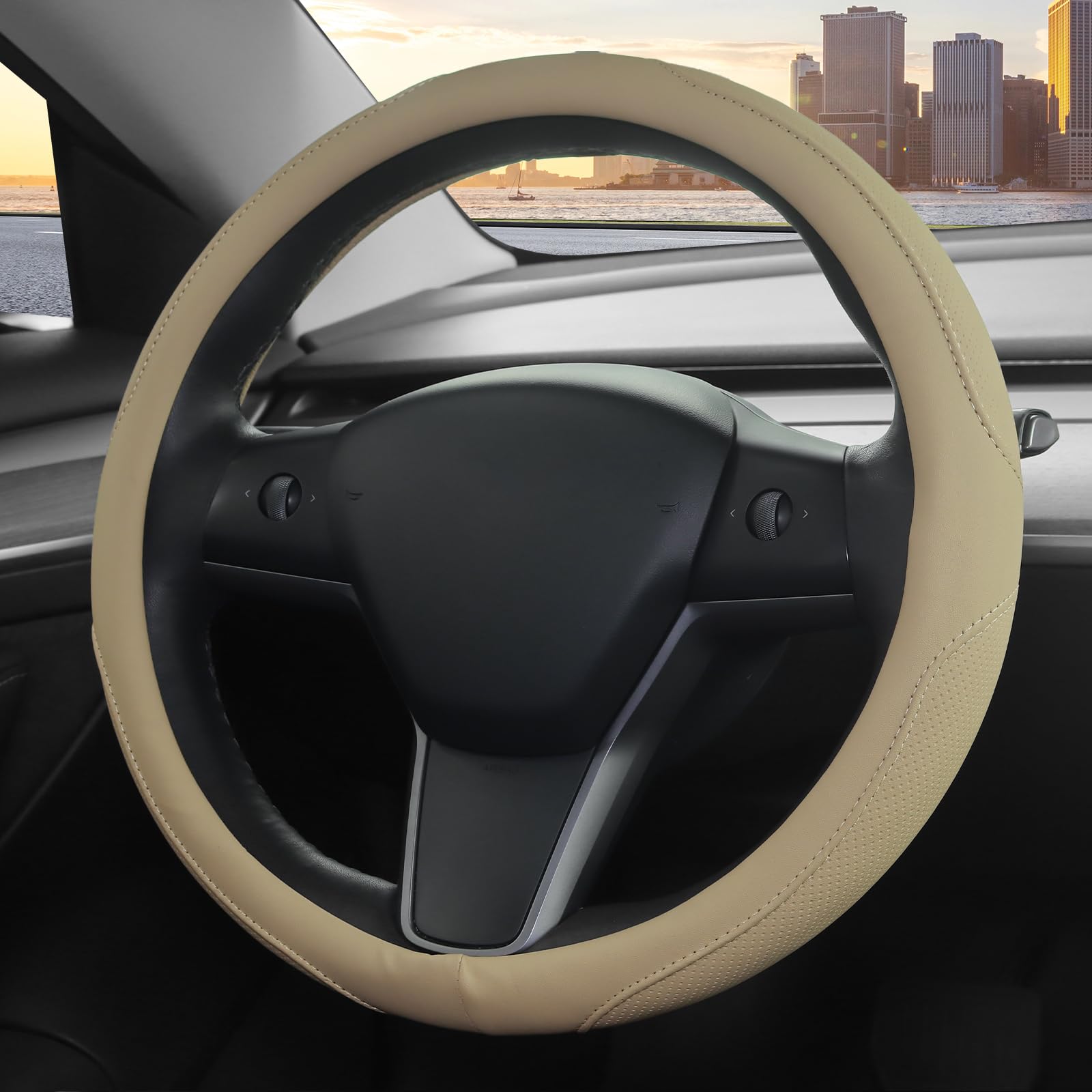 Anti-slip Steering Cover Leather Steering Wheel Cover - Universal 14.5-15 Inch Breathable Anti-Slip Cover In Beige Steering Wheel Cover Boho - Foto 7