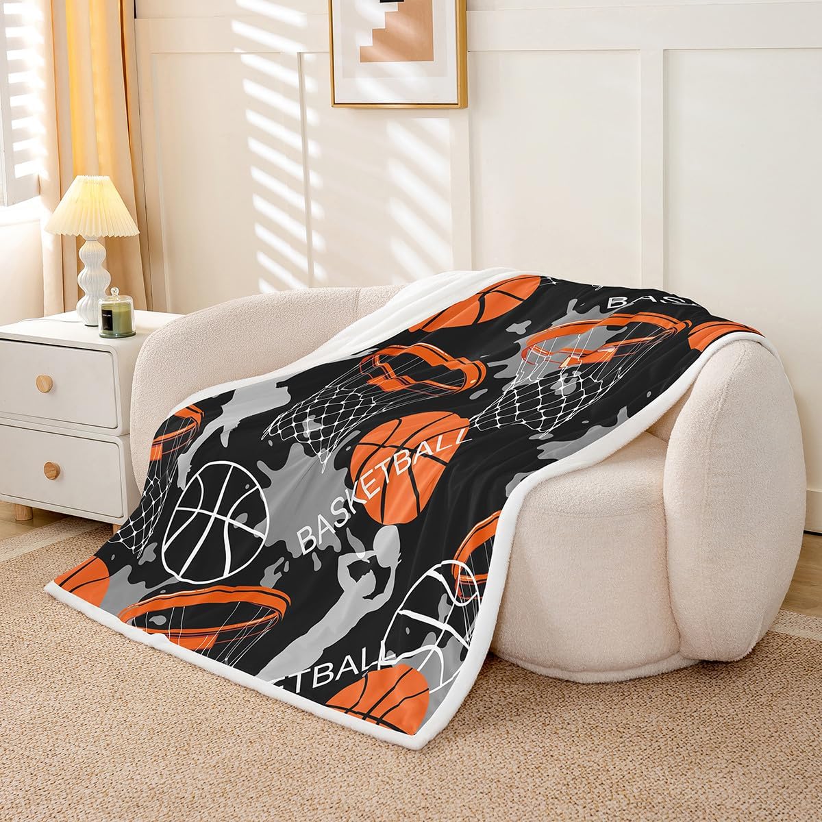 Feelyou Sports Basketball Fleece Throw Basketball Star Sherpa Blanket Kids Boys 3D Basketball Pattern Plush Blanket Watercolor Printed for Sofa Bed Couch Queen 90x90 Inch