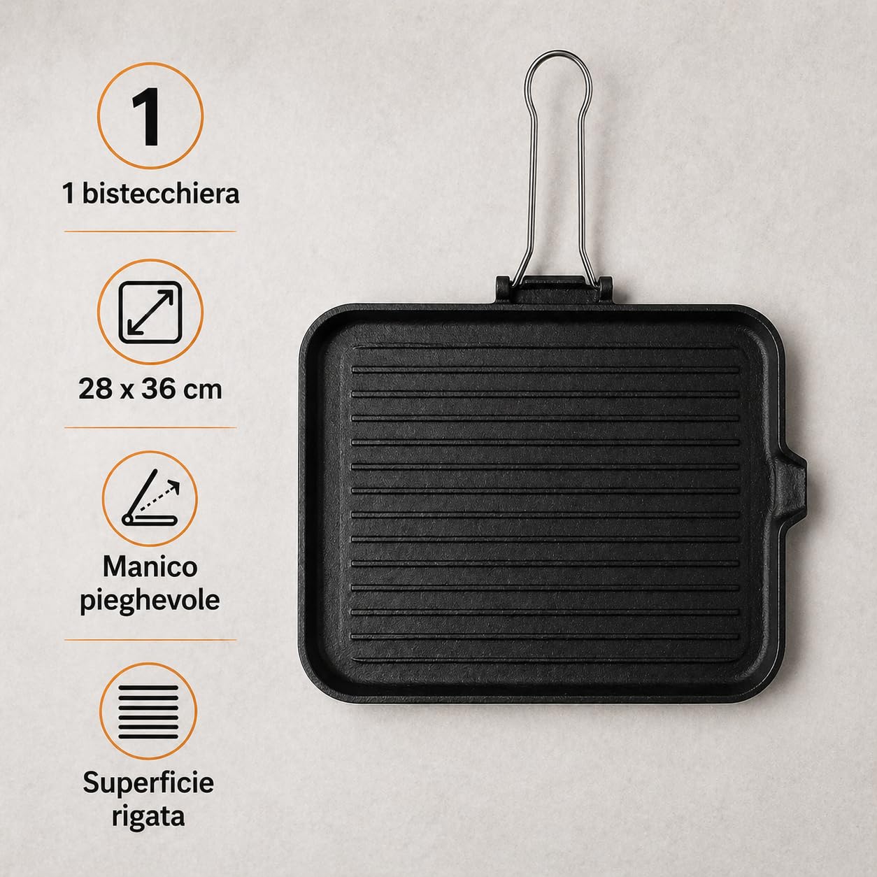 Bistecchiera ghisa per fornello rettangolare 28x36 cm piastra di ghisa rigata con manico pieghevole, ideale per carne verdure panini e cottura grill in cucina