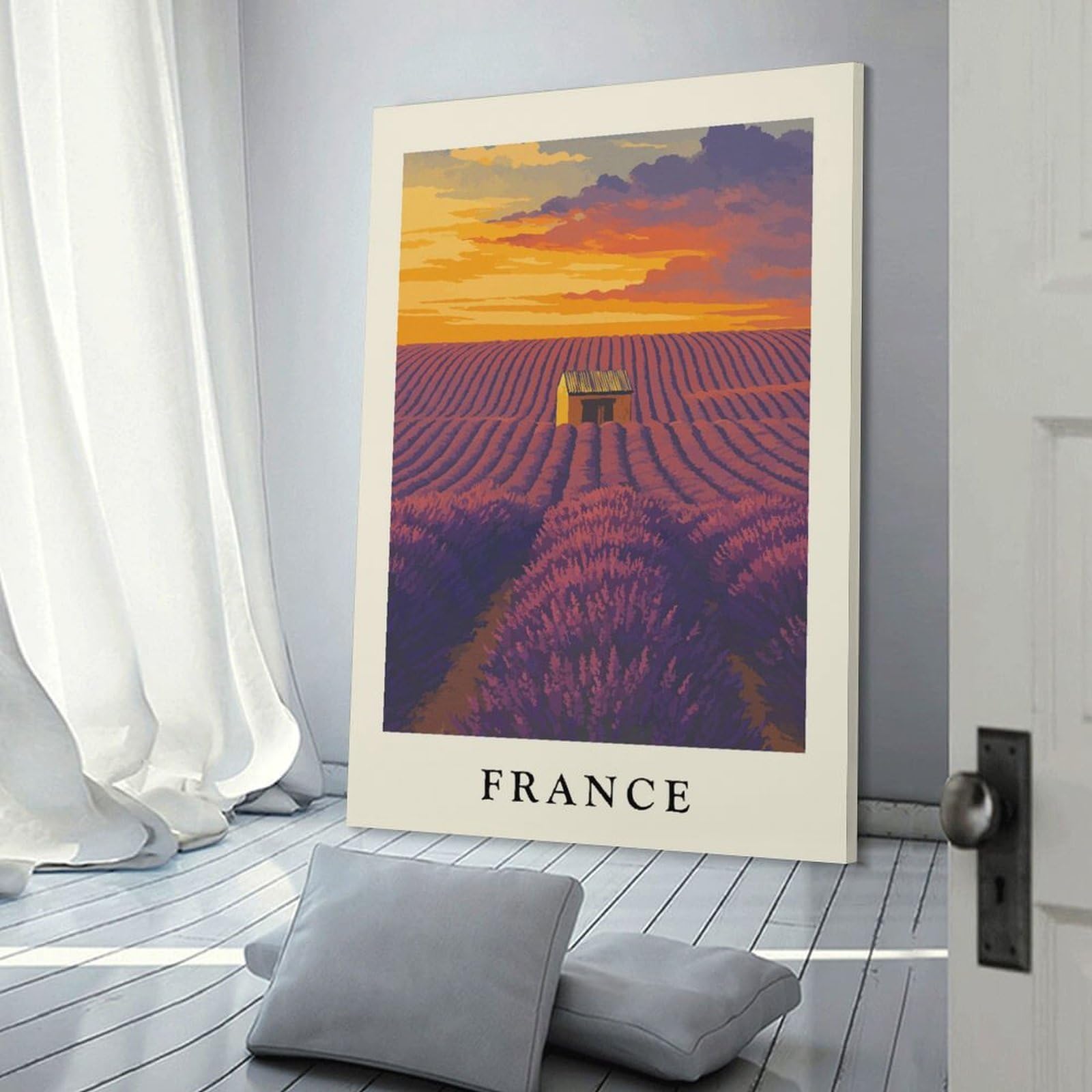 Junmoney Lavender Field in France at Sunset Wall Art Print, 20x30inch(50x75cm), for Study, Office Or Focused Interiors, Home Office Artwork with Decorative Appeal