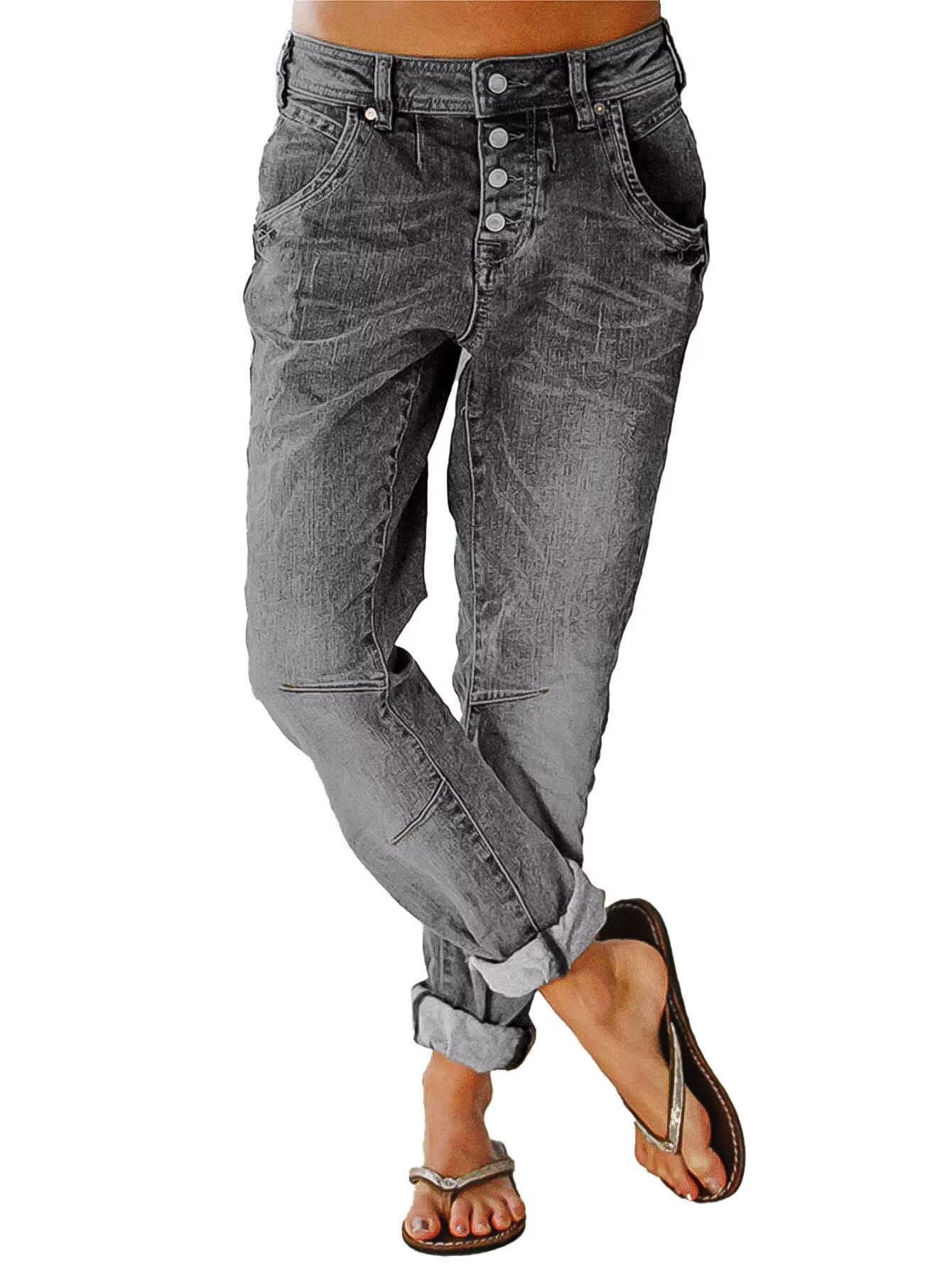 Photo 1 of Flamingals Women's Stretchy Straight Leg Casual Mid Rise Jeans Wash Button Fly Stitch Detail 90s Trendy Denim Jeans Gray S