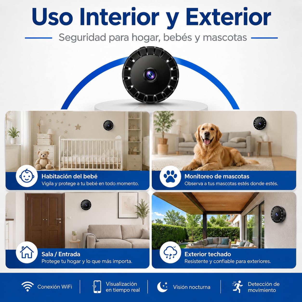 Mini Cámara de Seguridad WiFi, 2026 Mejorada Cámara Oculta para Uso Doméstico, HD 1080P con Visión Nocturna Interior/Exterior para Bebés, Mascotas, Compatible Teléfonos Inteligentes (Black, 4 pieza)