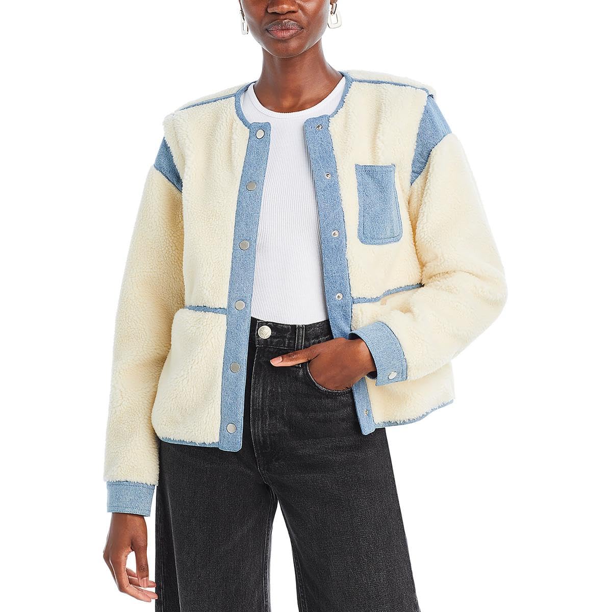 Veronica BeardWomens Surrey Sherpa Contrast Trim Teddy Coat Ivory L