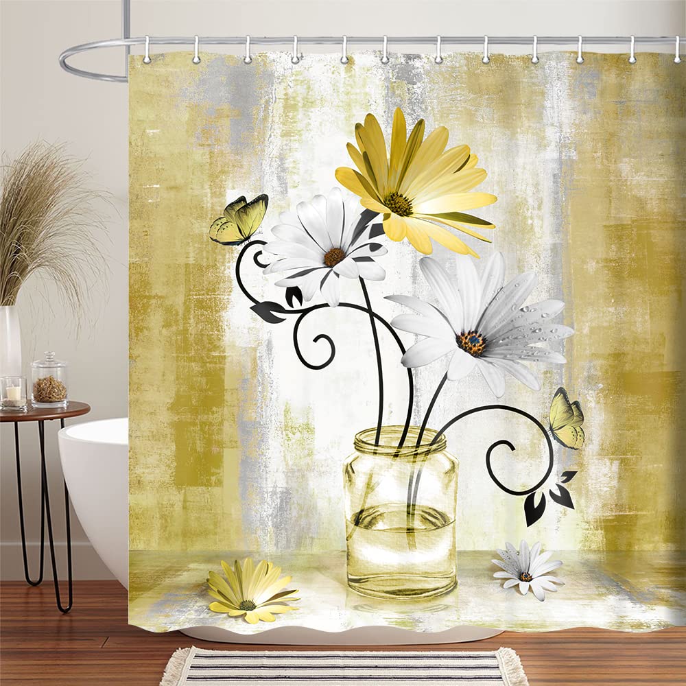 Uokiuki Rustic Farmhouse Floral Shower Curtain, Country Farm Yellow Daisy Flowers Butterfly Abstract Shower Curtain Set, Yellow Shower Curtains Farmhouse Bathroom Accessories with 12PCS Hooks,70X70IN