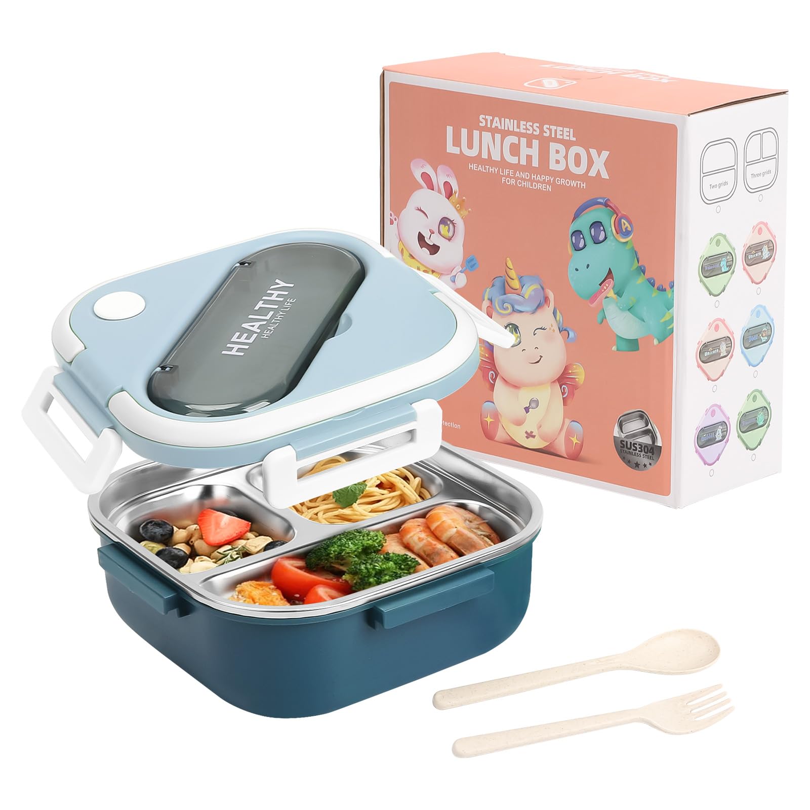 Ruaizel Lunch Box, Stainless Steel Bento Box with Compartments, Adult Lunch Box for School, Office, Picnic, Travel(Blue)