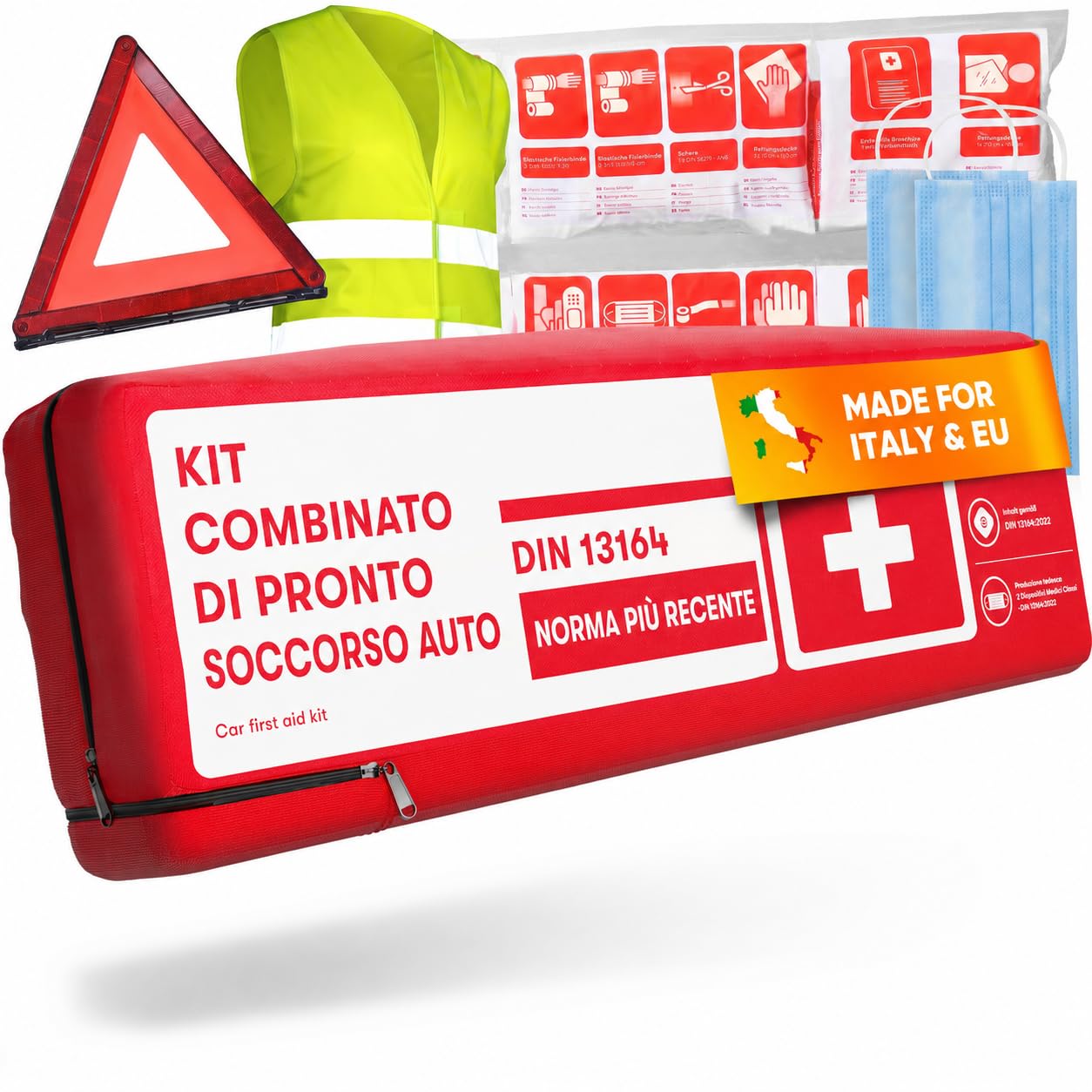3-in-1 Kit Pronto Soccorso Auto - Con Triangolo Auto Omologato e Gilet Alta visibilita - Conforme alla Norma DIN 13164