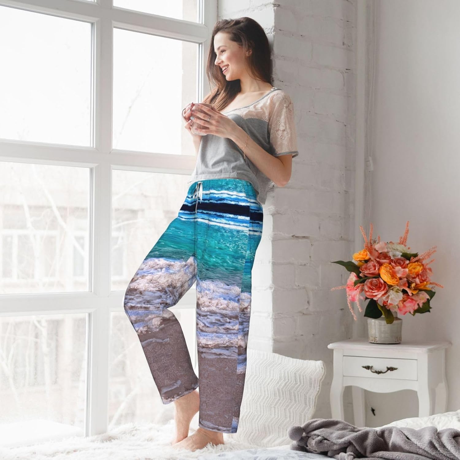 White Beach Tropical Sea Print Cozy Flannel Pajama Pants For Women,Warm Christmas Pj Pants,Cute Fleece Pajamas
