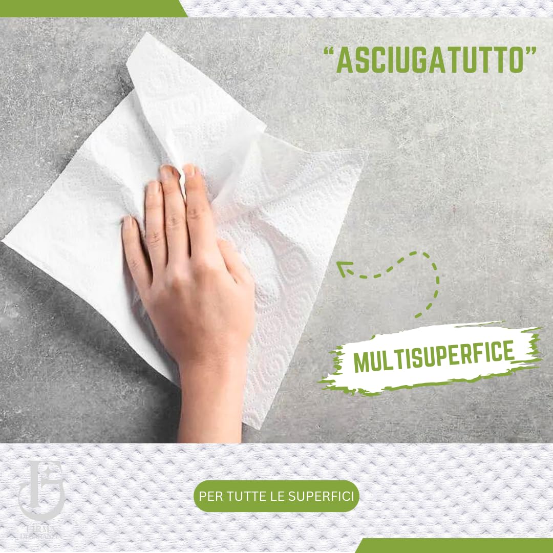 2 Rotoli carta Asciugatutto industriali extra resistenti - 1600 Strappi Rotolo, Bobina Pura Cellulosa 2 Veli idonea per dispenser - Rotoloni asciugatutto, carta assorbente cucina