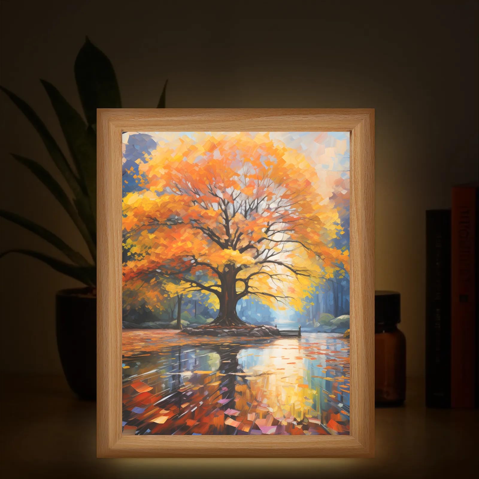 Light Up Painting, Autumn Tree Wall Art Picture Light Watercolor Tree Light Up Desktop Art Frame, 10 Brightness USB Powered 3 Lighting Modes, Anxiety Relief Gift for Bedroom Home-Without Acrylic Panel