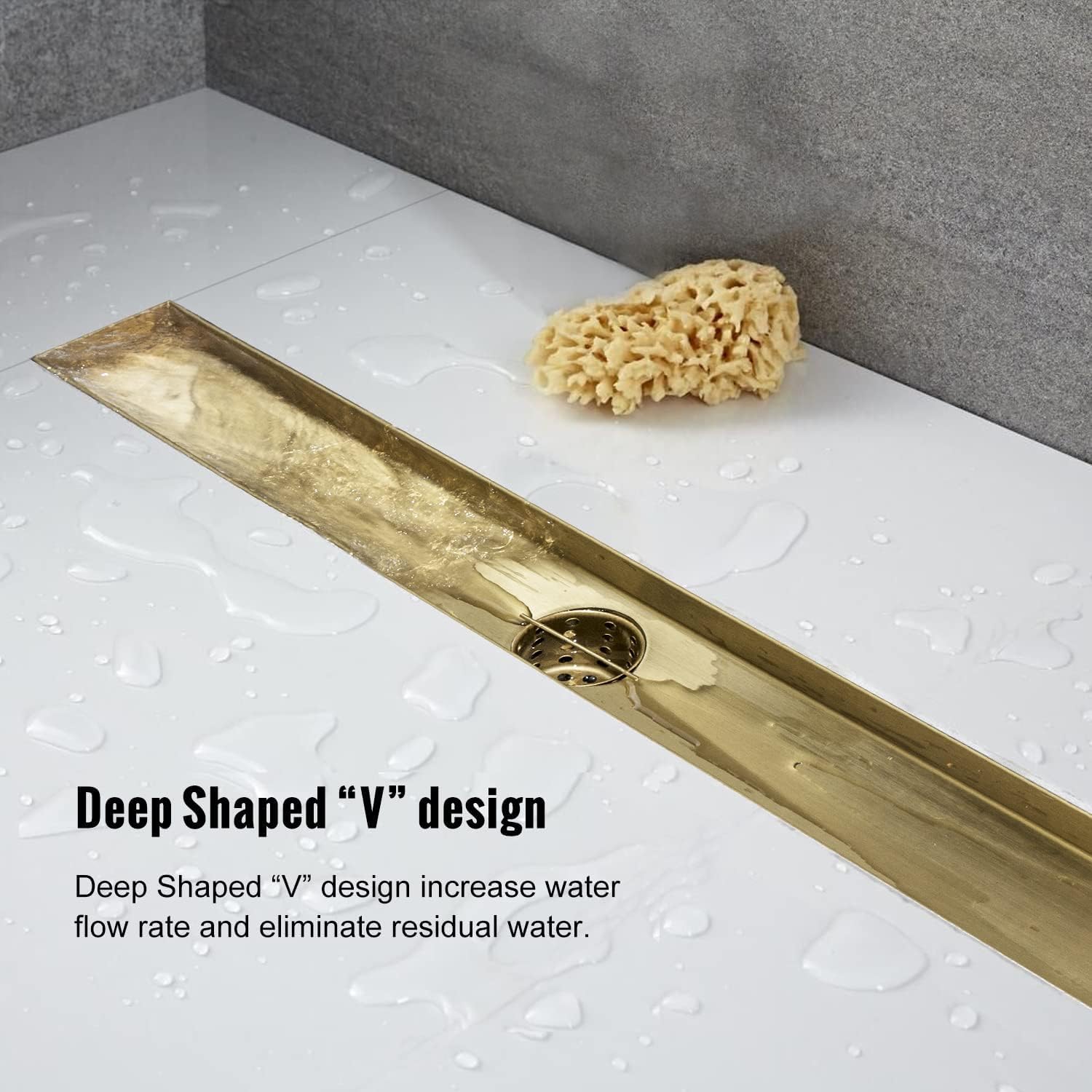 Linear Shower Drain, 18 inch Gold Drain with Removable Grate Cover, Brushed 304 Stainless Steel Shower Floor Drain, Linear Drain with Hair Strainer and Adjustable Feet