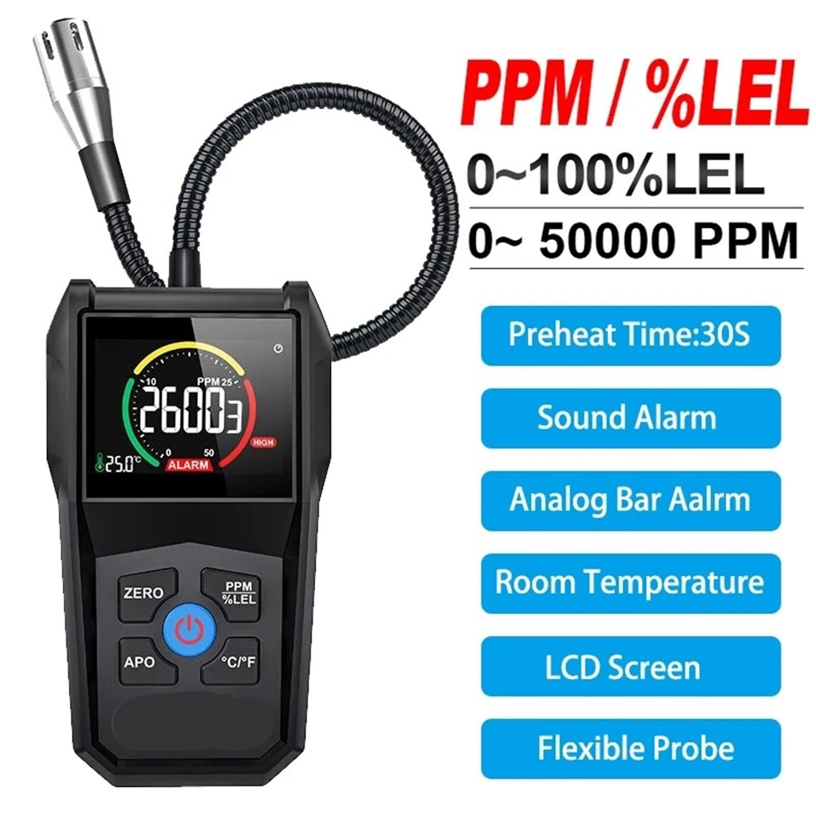 Contador partículas polvo, Analizador De Detector Gas Combustible CGD02A, Fuga 50000 PPM para interiores exteriores | Pantalla LCD, Alarma Luz Y Sonido