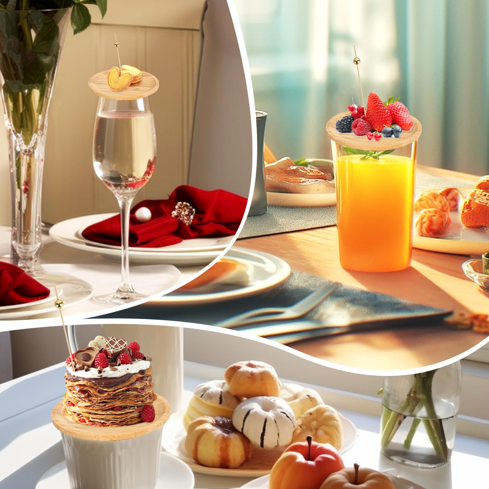 8 piezas de decoración para copas de vino de bambú con 16 varillas de madera para postres y aperitivos
