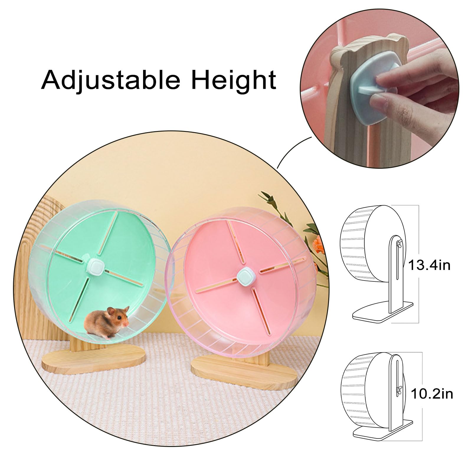 Silent Hamster Wheel,10.2 Inch Quiet Spinner Syrian Hamster Running Wheel,Anti-Skid & Adjustable Stand for Gerbils, Rats, or Other Small Pets,Pink - image 8