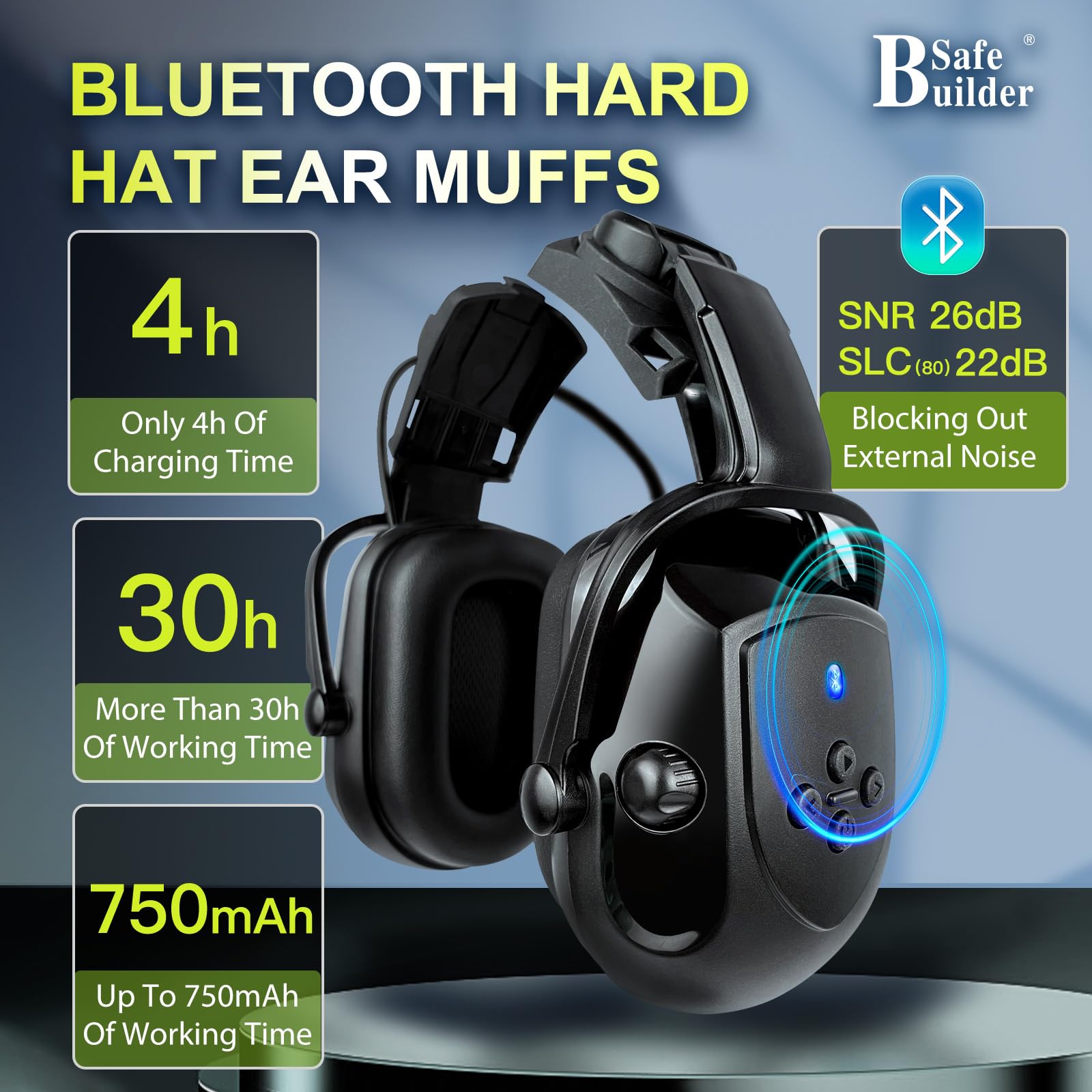 SAFEBUILDER Cascos duros con orejeras Bluetooth, casco de seguridad con visera ventilada ajustable para construcción forestal ANSI