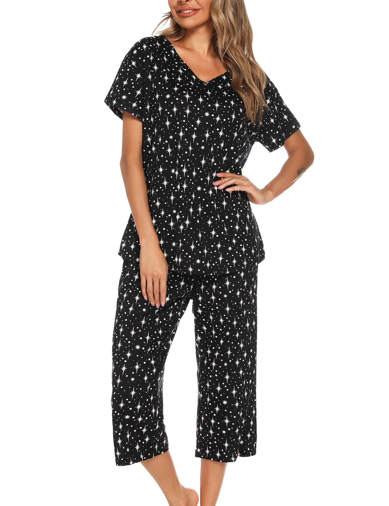 ENJOYNIGHTWomen's Cropped Pyjama Set Cotton Loungewear Cute Printed Sleepwear Tops with Capri Pants ​Pjs Set