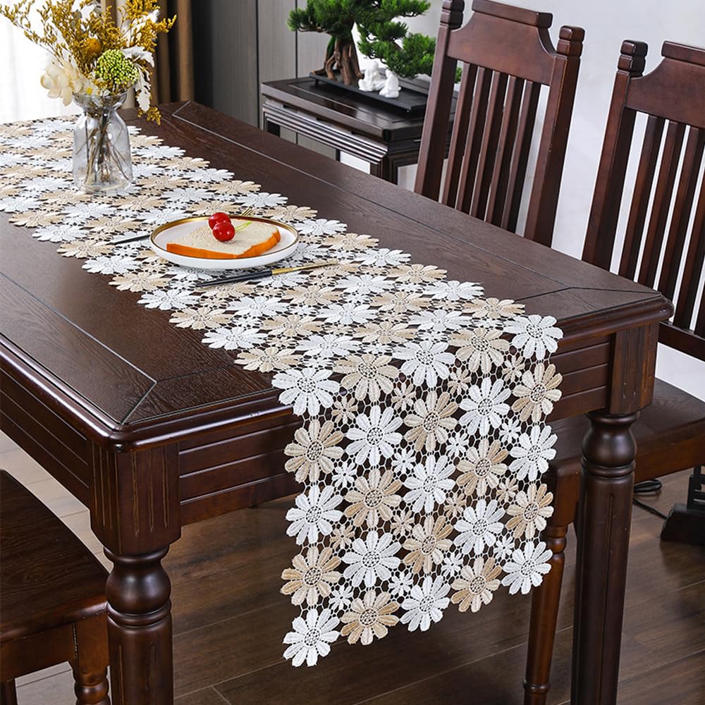 Runner da Tavola in Pizzo Elegante - Decorazione per Matrimoni, Festival, Casa - 40x120 cm, Misto Bianca e Marrone