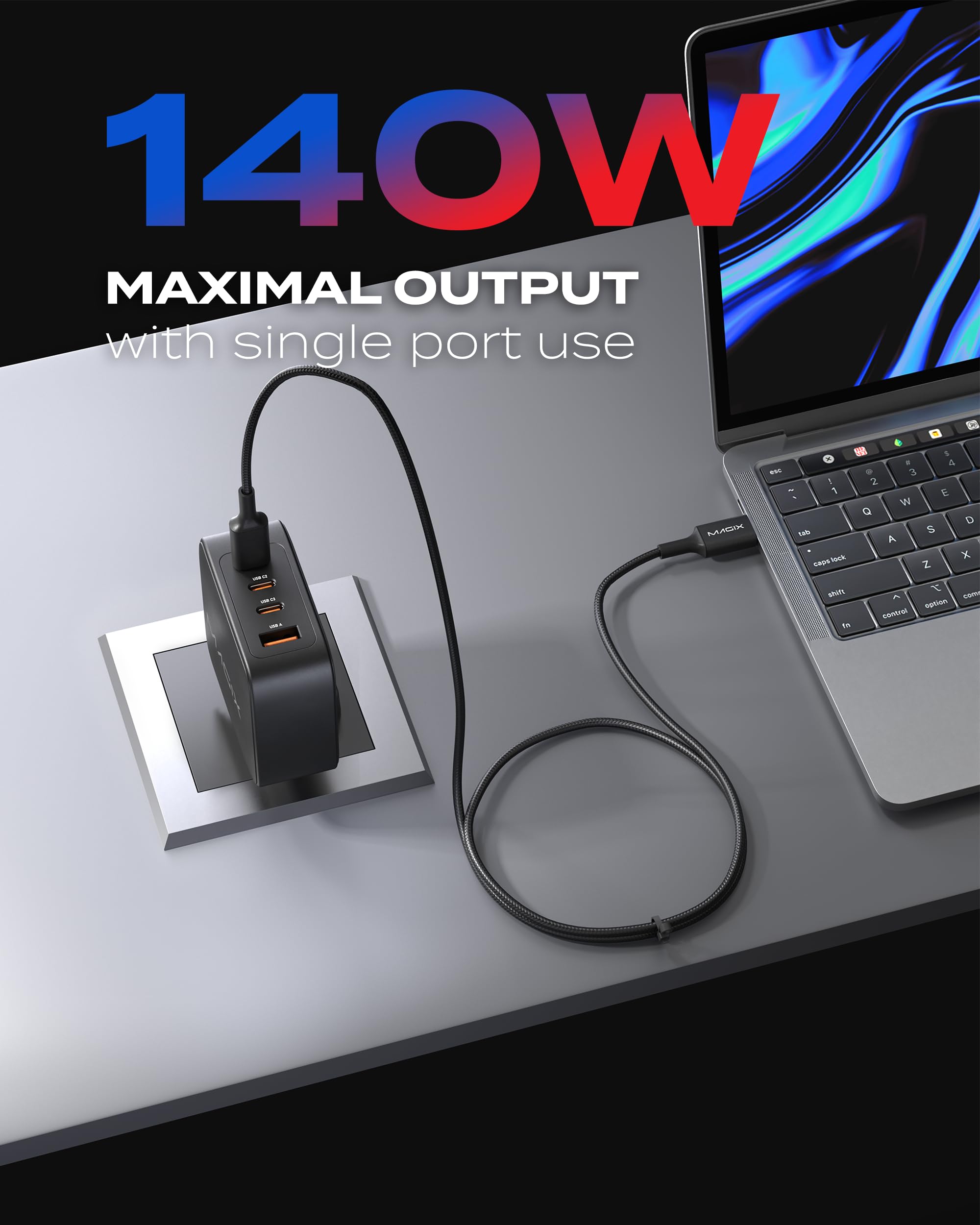 Magix Caricatore 4 Porte 140W, Caricabatterie GaN PD Power Delivery, 3x USB-C e 1x USB-A, per MacBook Pro, Dell XPS, iPhone 15/14/13/12 Series, iPad, Galaxy S23 Ultra, Switch e altro (EUR PLUG)
