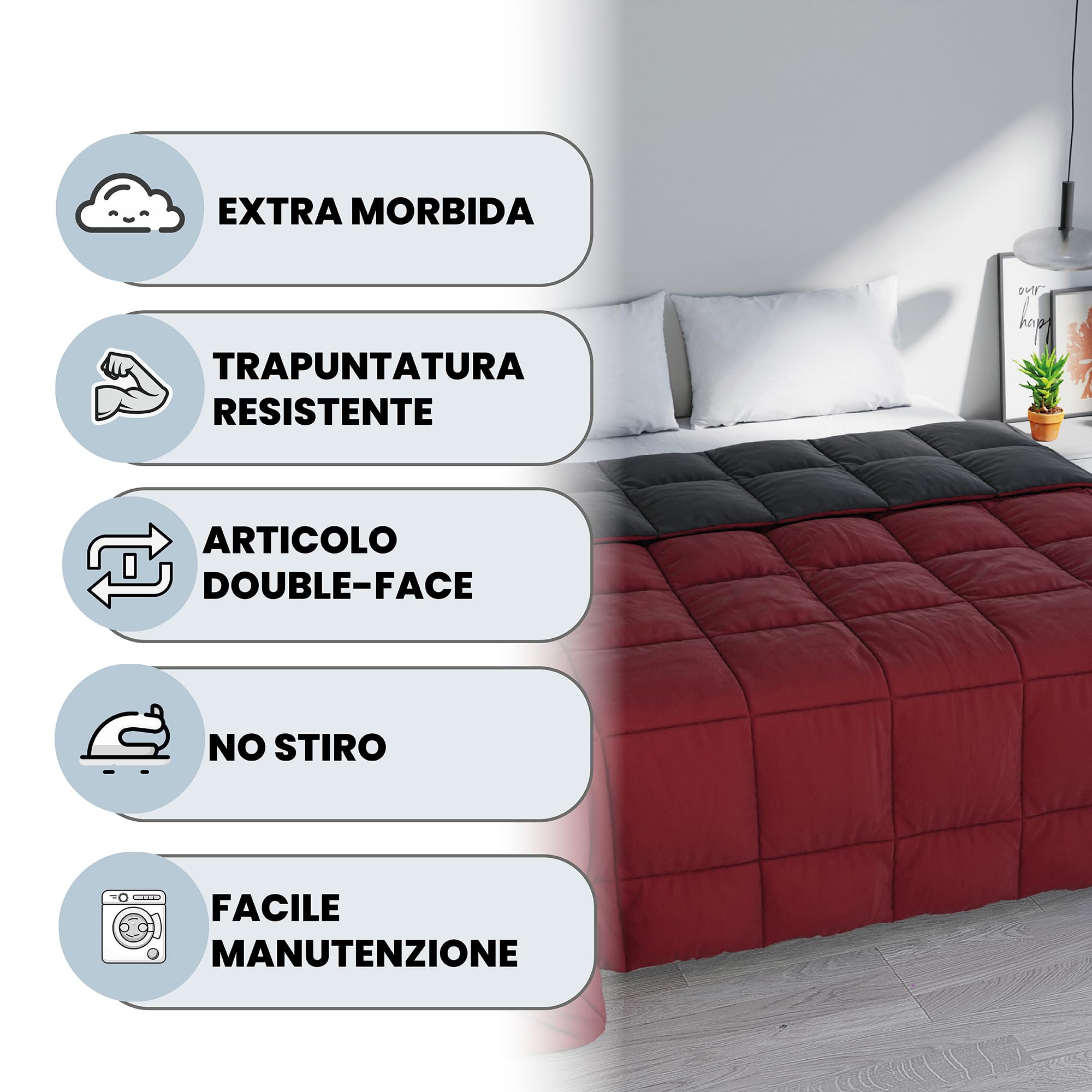 Italian Bed Linen Trapunta Invernale Matrimoniale 260x260 cm, Bicolore, Doubleface, Microfibra, Made in Italy – Piumone Imbottitura 300gr Bordeaux/Fumo
