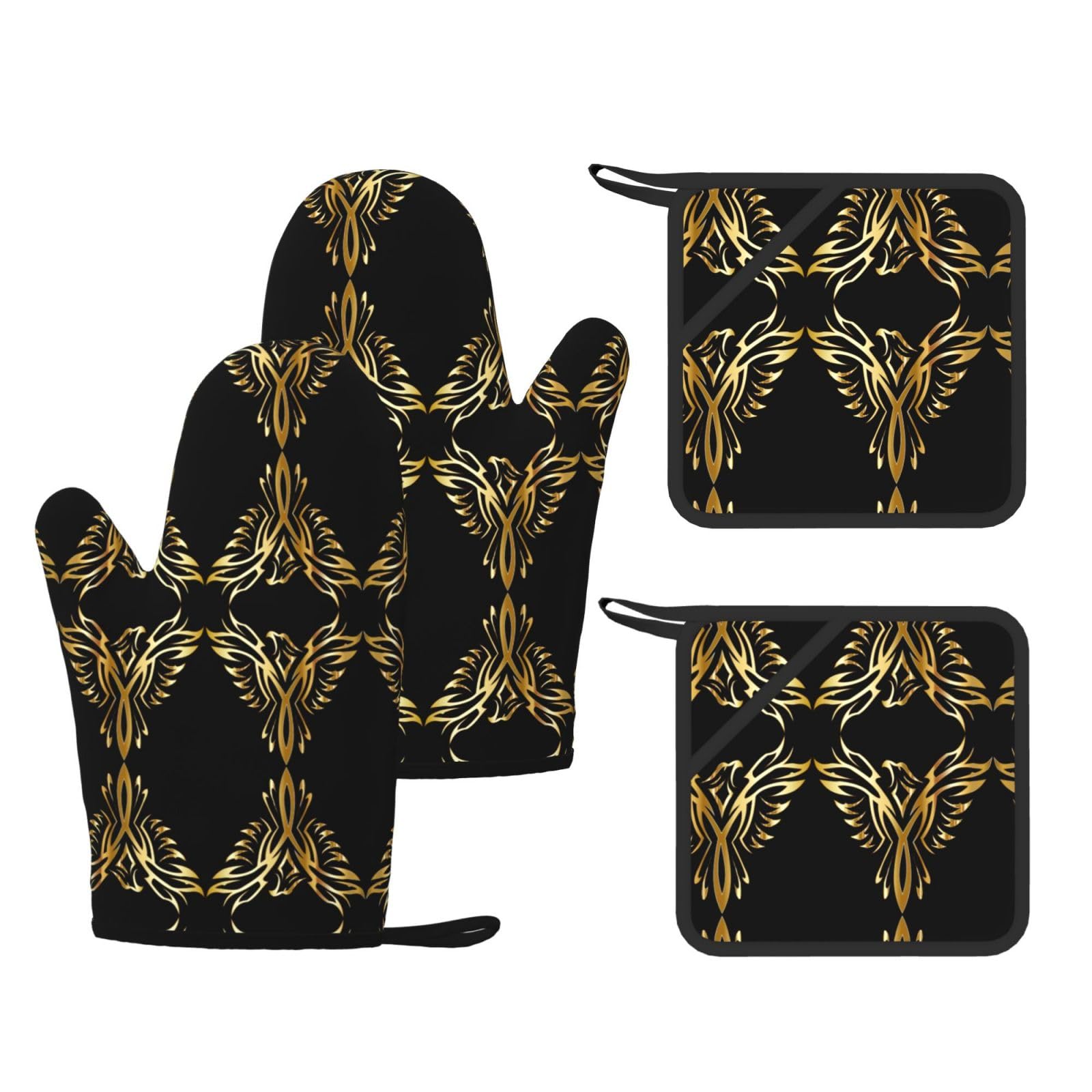 Phoenix Printed Pot Holders and Oven Mitts 4-Piece, Non-Slip Kitchen Gloves with Utensil Pocket for BBQ