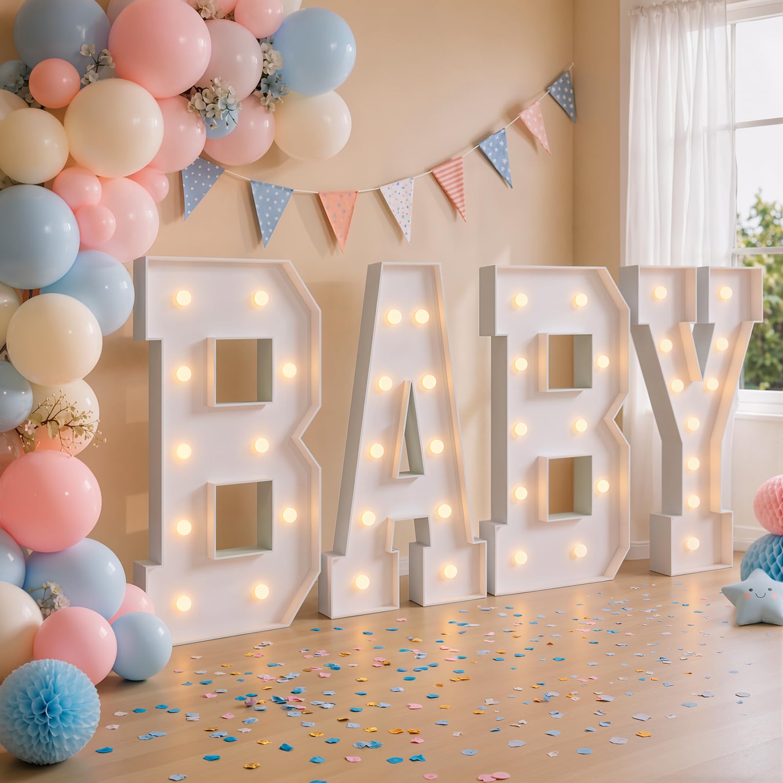 Litery namiotowe do dekoracji na baby shower, 100 cm litery dziecięce na baby shower, podświetlane litery dekoracje ujawniające płeć