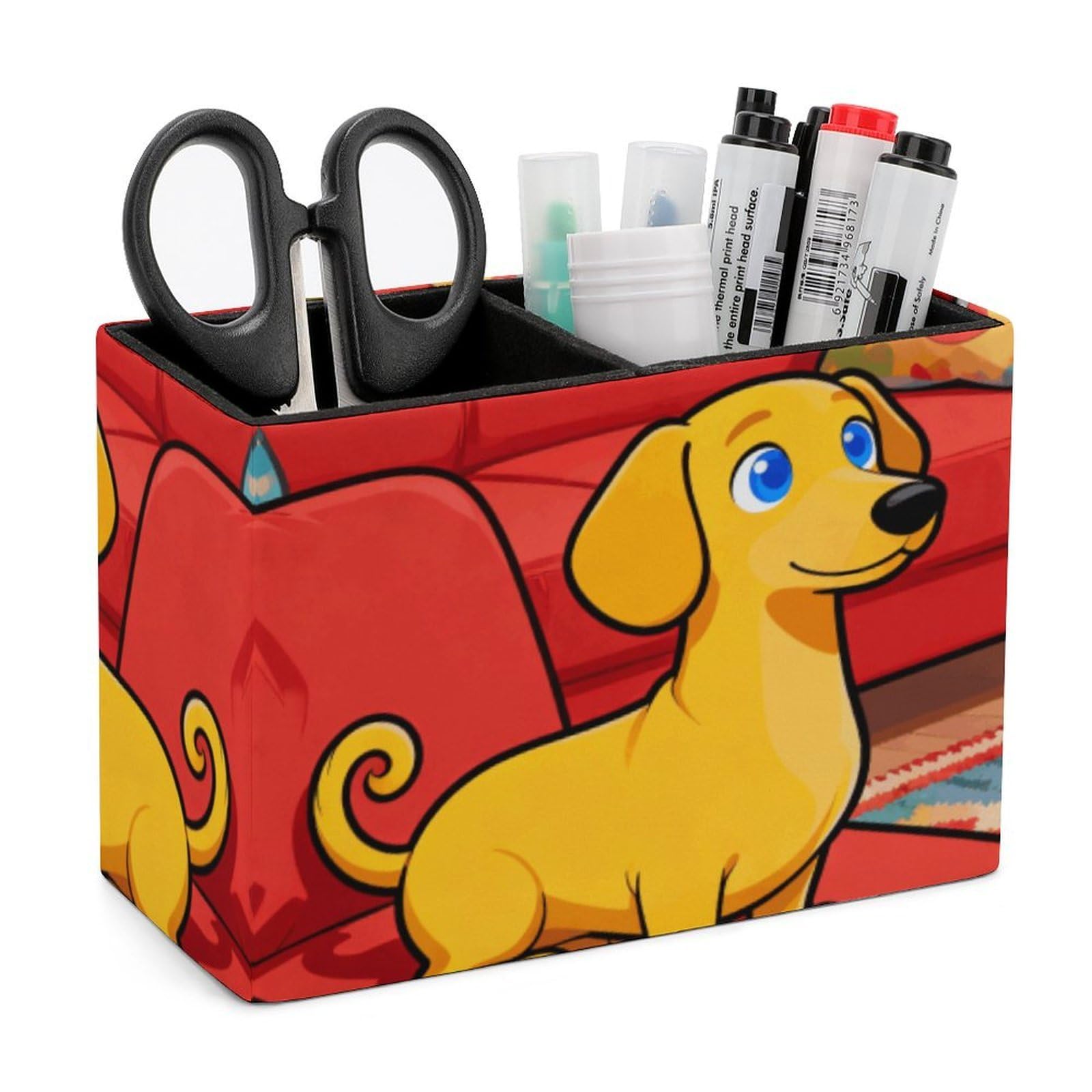 LZQPOEAS Exquisite Patterns PU Leather Pen Holder, Multifunctional Desktop Organizer Caddy with 2 Compartments, Dachshund Pencil Cup Makeup Brush Holder for Office Home