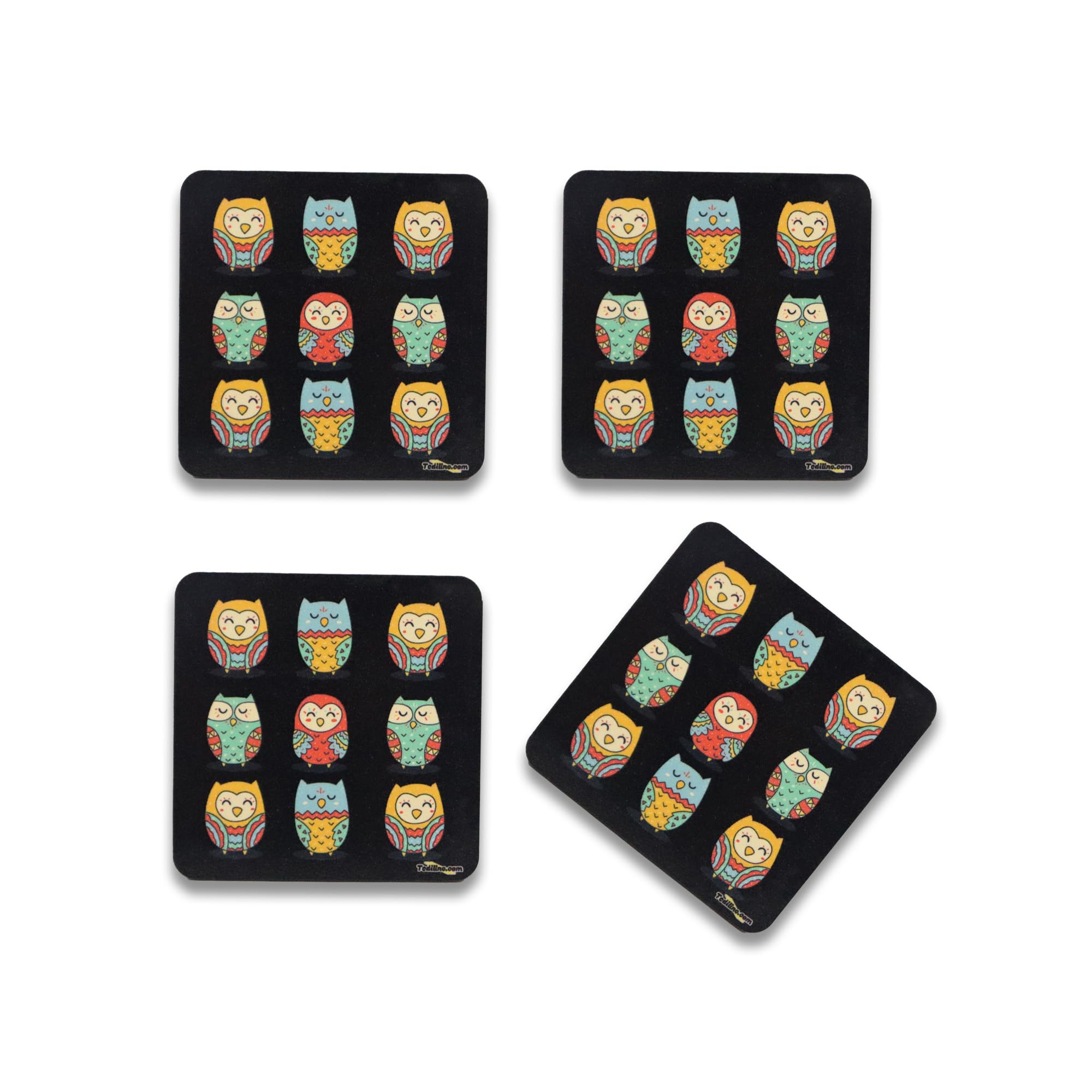 Tediline Coaster Printed Black Tribal Owl Design, Set of 4 – Stylish Coffee & Tea Coasters for Cups, Drinks, and Table Use