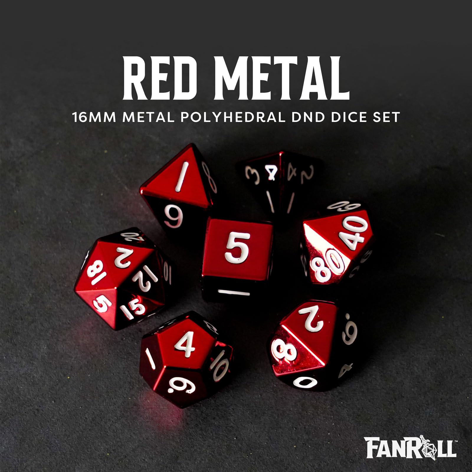 Metal Dice: 16mm Painted Polyhedral Dice Set of 7 - Red