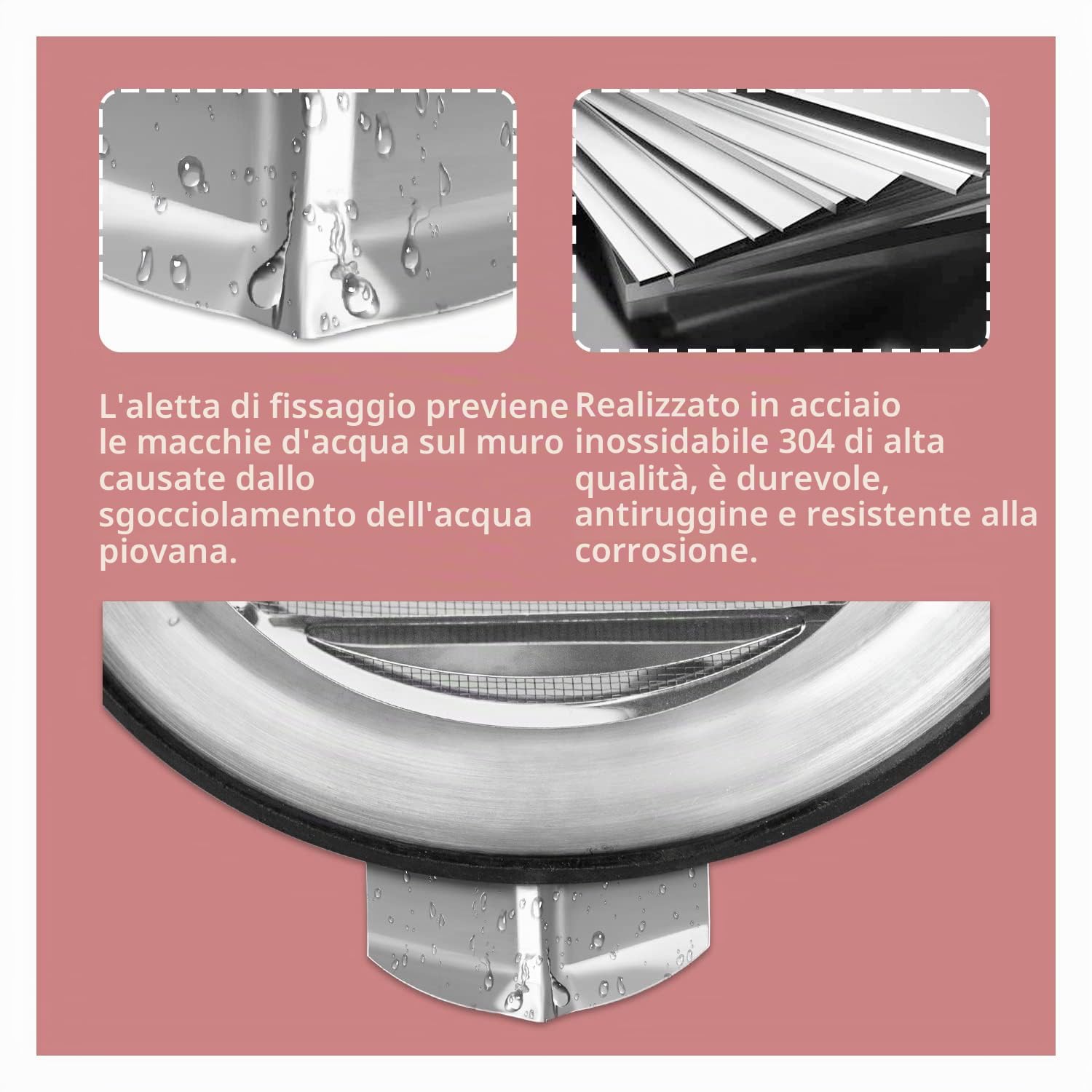 WeCooper Griglia di ventilazione da 100 mm, in acciaio inossidabile 304, con estrattore tondo a punta semicircolare, copertura della ventola a 4 pollici, con alette, zanzariera e deflettore antigoccia