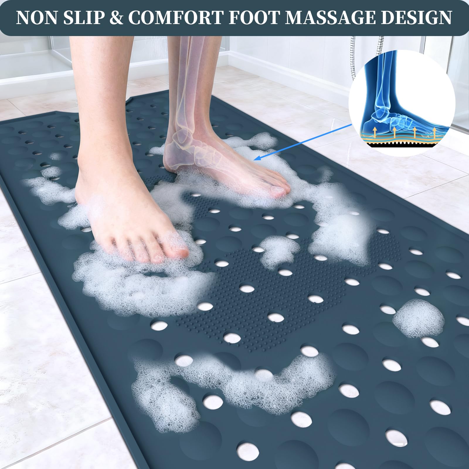 Tapis Baignoire Antidérapant, 90 x 40 cm Tapis Baignoire pour Sol de Cabine de Douche, Lavable en Machine, Trous de Drainage pour Gardez Vos Baignoires Propres, Bleu Profond