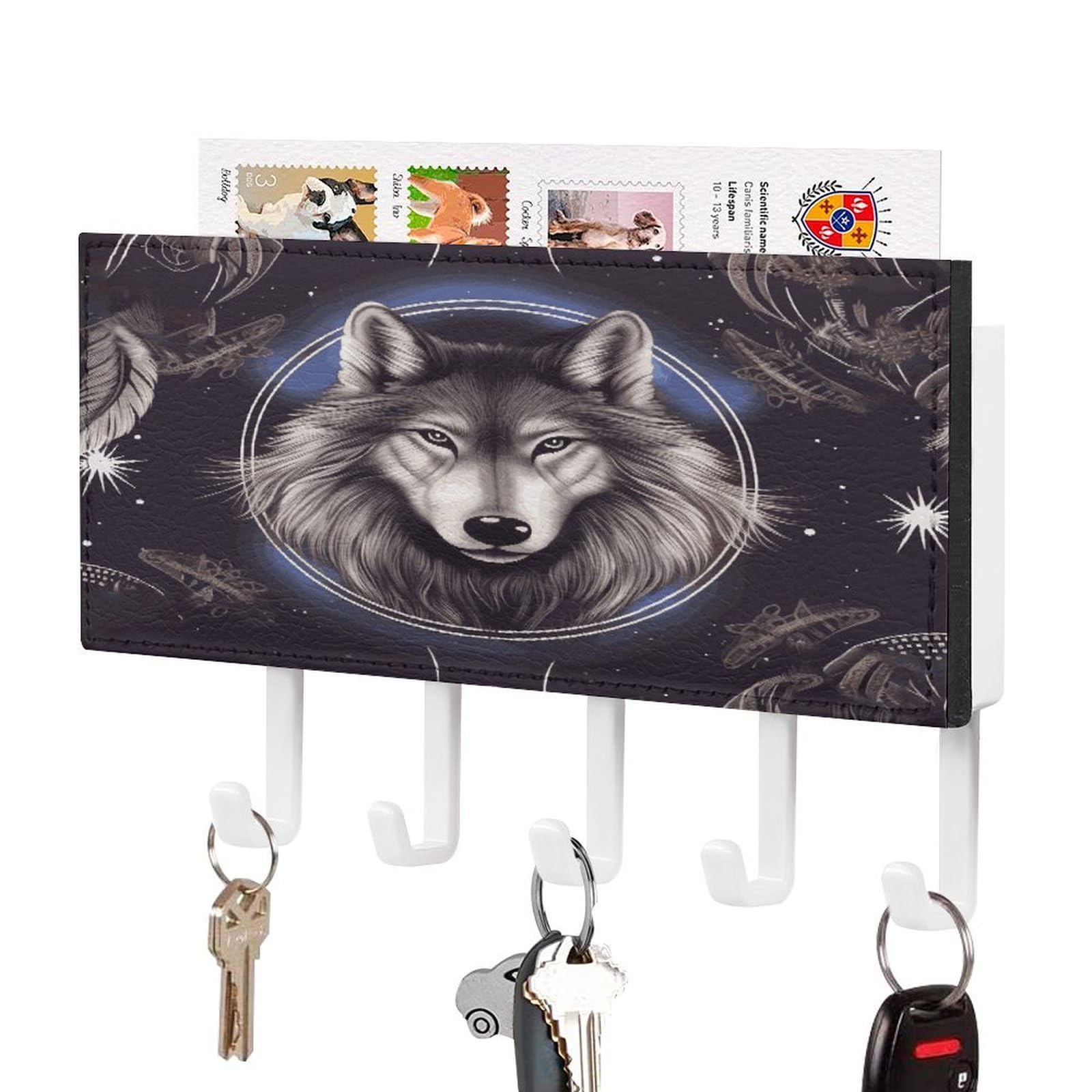 LDGSUPH Wolves and Dream Catchers Key Holder Wall Mount Key Hanger with 5 Hooks Fashion Key Organizer Rack Hanging Key Hooks with Mail Organizer Key Rack for Home Entryway Hallway White-Style