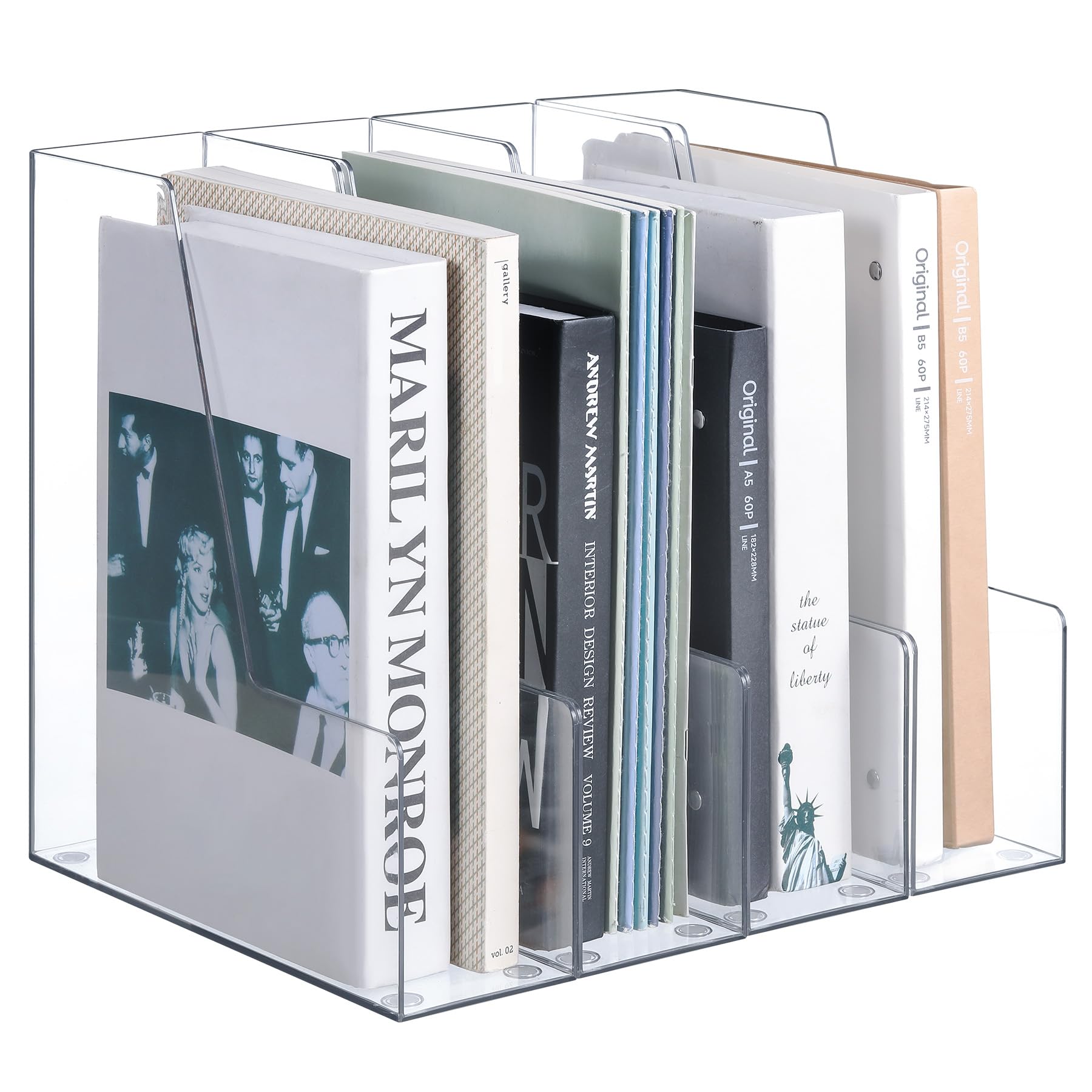Vertical Magazine File Holder, Clear File Organizer Desk Organizer and Storage Bins Holding for Magazines, Binders, Notebooks, Envelopes, Plastic Office Organization and Storage for Desk, 4 pack
