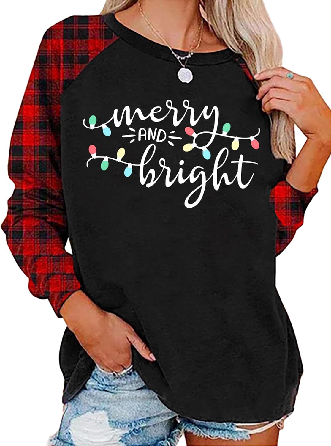 Christmas Tshirt Women Merry and Bright Shirt Letters Print Splicing 3/4 Sleeve Baseball Tshirt Blouse Tee Tops