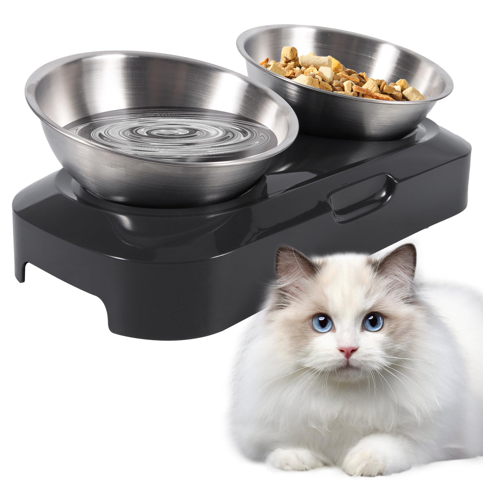 Ciotole Per Gatti In Acciaio Inox 2x200 Ml | Base Rialzata Antiscivolo | Inclinazione 15° - Foto 11