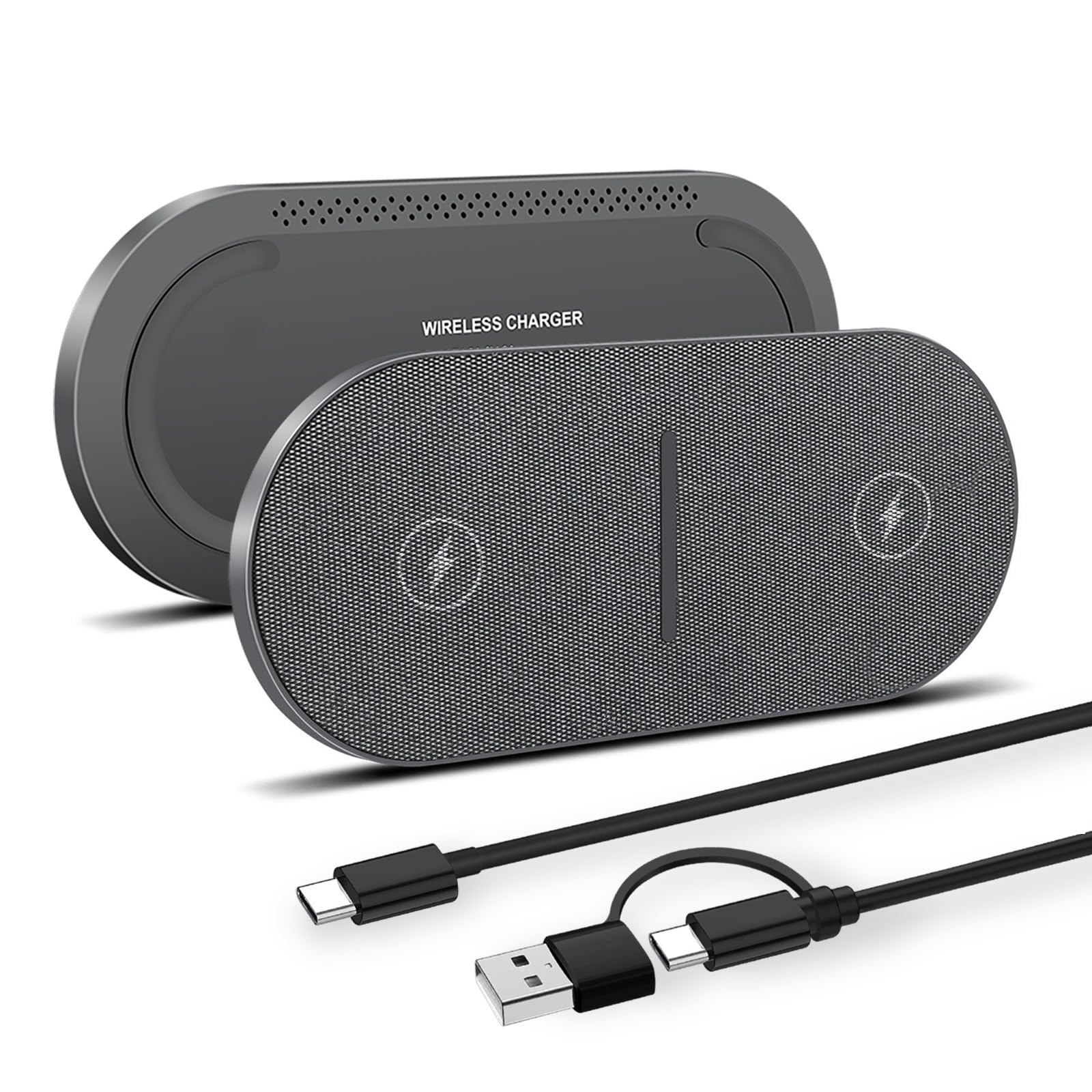 PDKUAI 2 in 1 Wireless Charger,[New Update] 40W Double Wireless Charging Station for iPhone 16/16 Pro/15/14/13/12/11/8/Airpods,Dual 20W Fast Induction Charge mat for Samsung Galaxy/Buds3-Grey