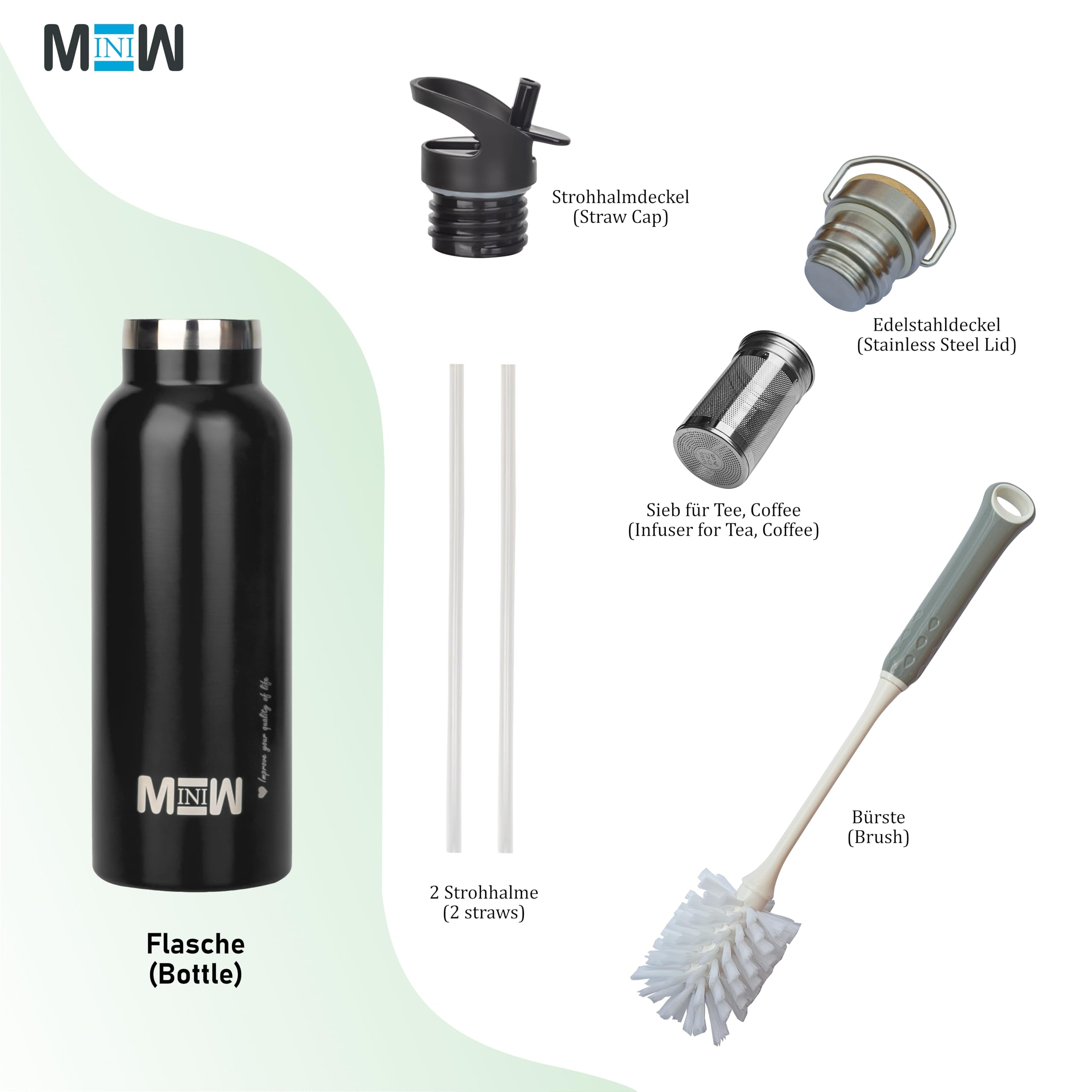 MINIW Stainless Steel Water Bottle, Black, 500 ml - Image 2