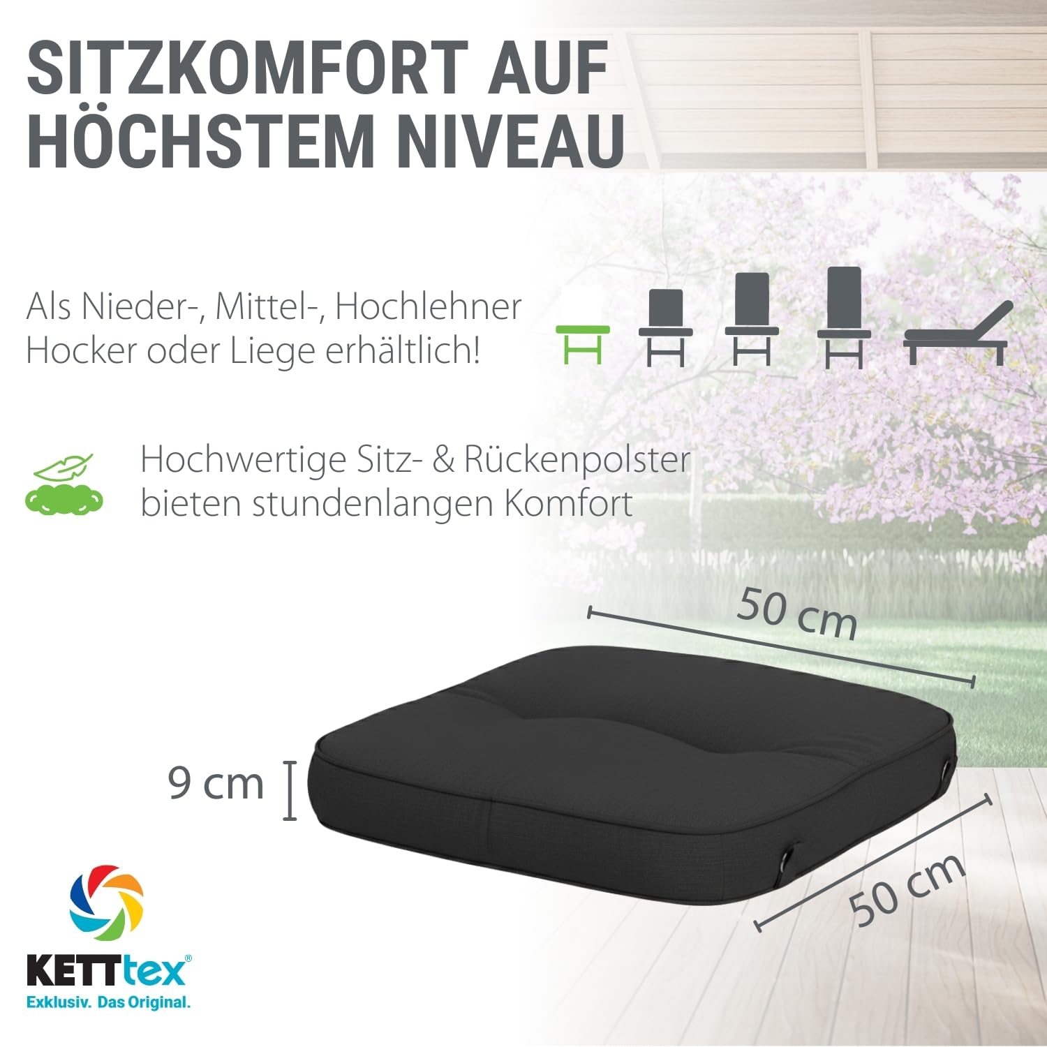 KETTtex Auflage Hocker 50x50x9cm, anthrazit