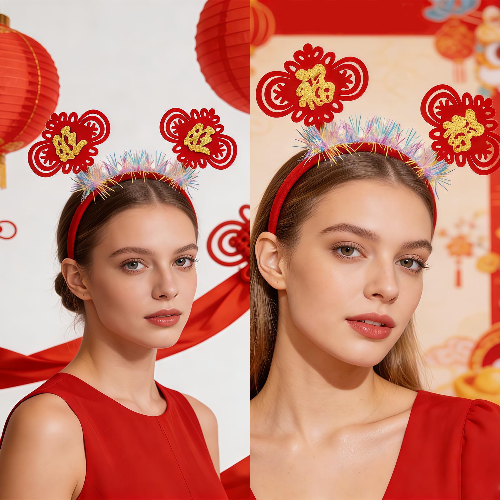 HAICN 6Pieces Chinese New Year Hair Hoops Fun Red Cute Letter Word Headband Celebrate Spring Festivities Hair Hoop for Adult Kids New Years Eve Party Favors - Image 3