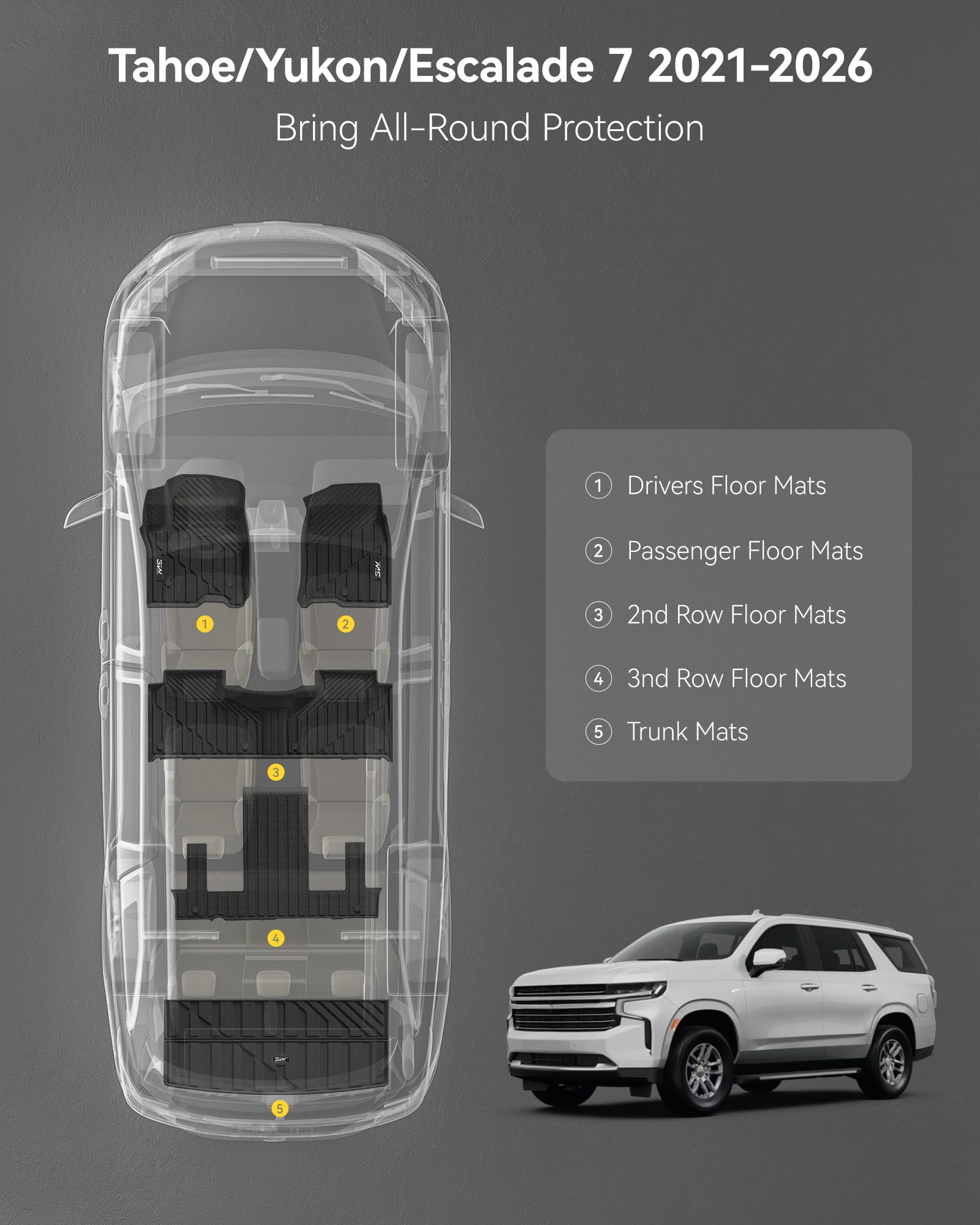 3W Floor Mats Cargo Liner Fit for 2021 2022 2023 2024 2025 2026 Chevy Tahoe GMC Yukon Cadillac — view 2