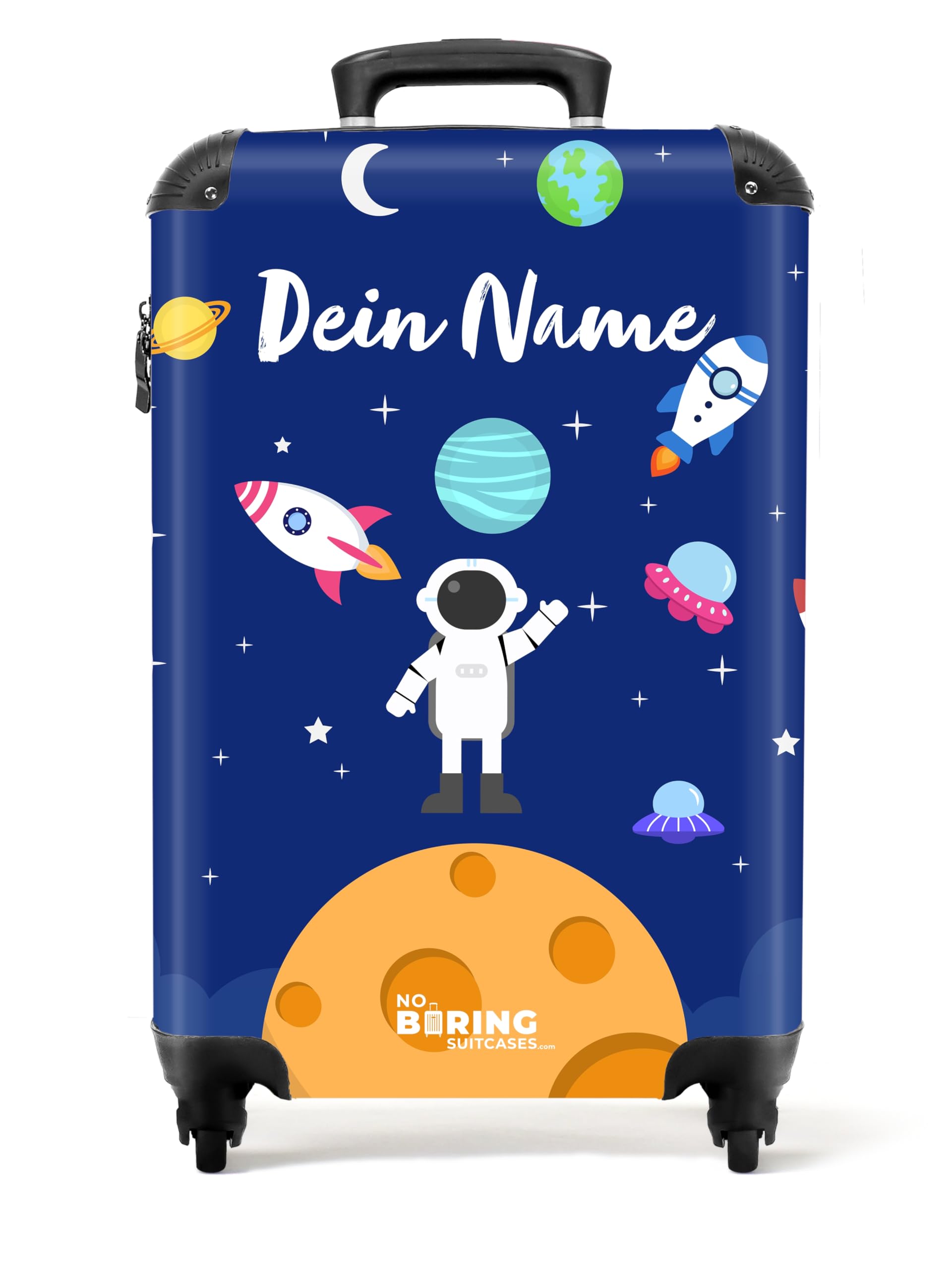 NoBoringSuitcases.com Kinderkoffer, Reisekoffer Personalisiert, Kinderkoffer Jung, Kindertrolley, Handgepäck 55x40x20 cm (Astronaut - Dunkelblau)