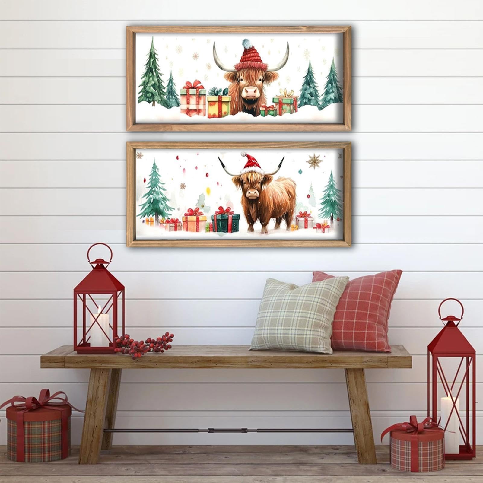 Décor Mural Vache De Ferme Impression Animalière de Noël Encadrée en Bois